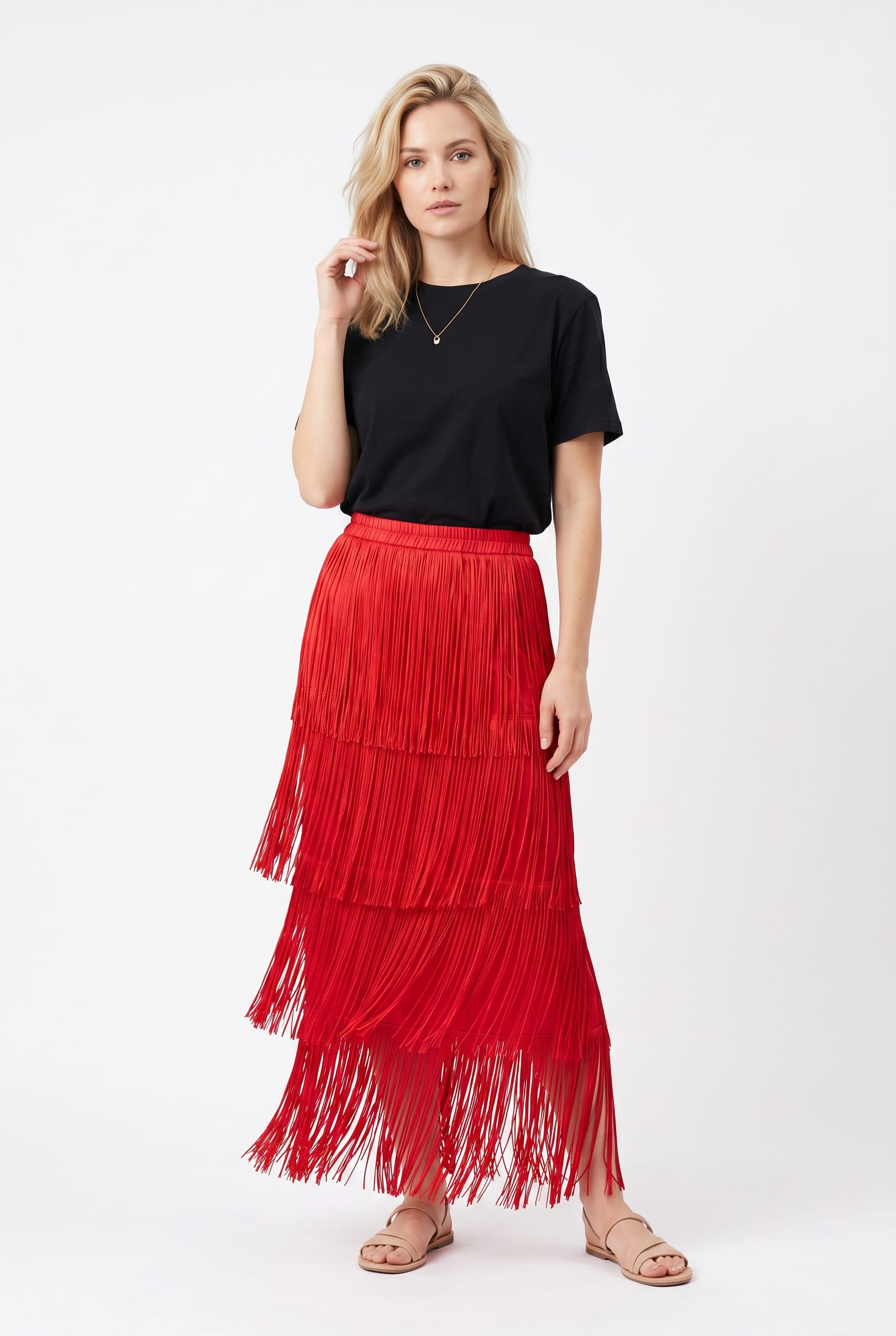 Red Tiered Fringe Maxi Skirt