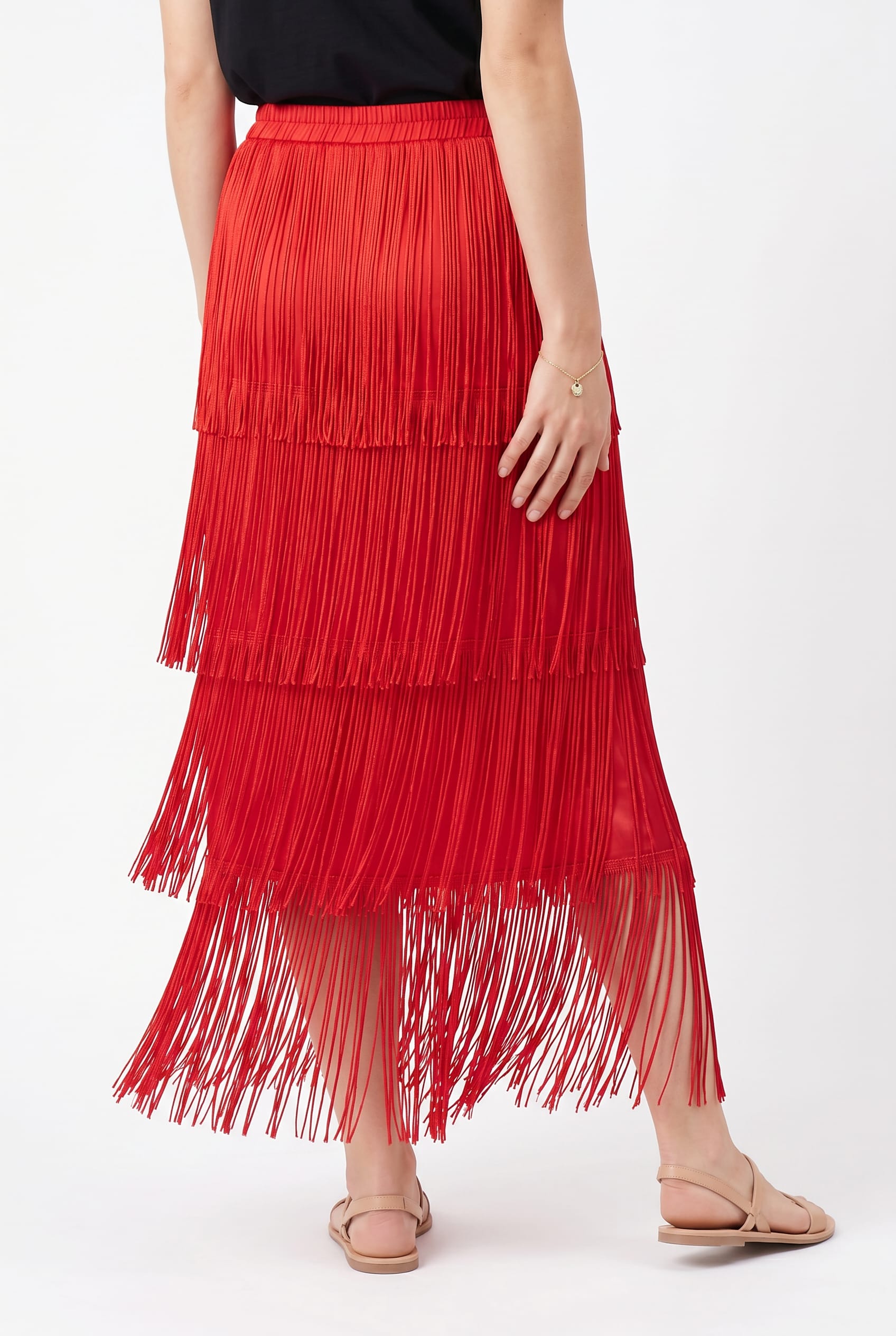 Red Tiered Fringe Maxi Skirt