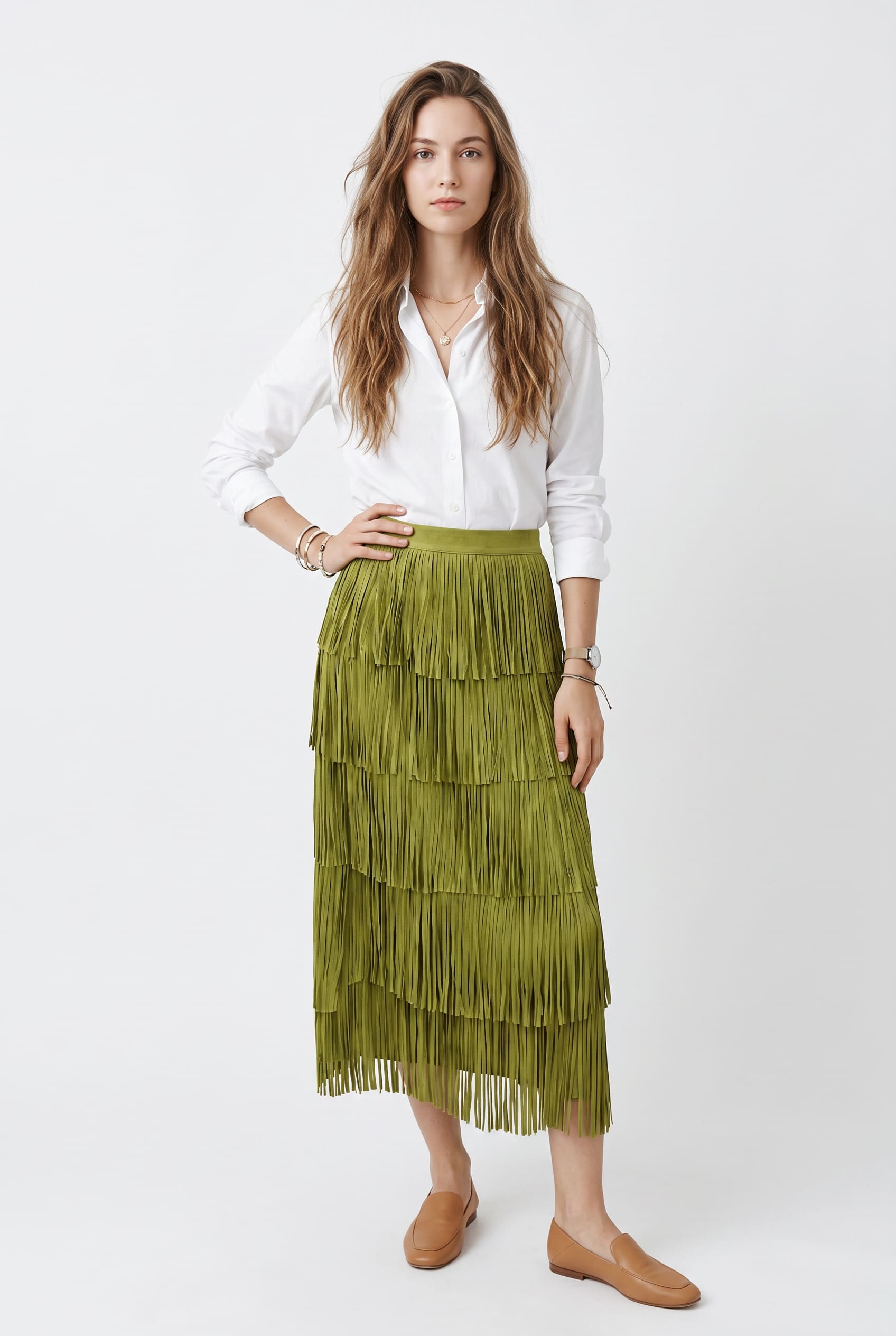Chartreuse Tiered Fringe Midi Skirt