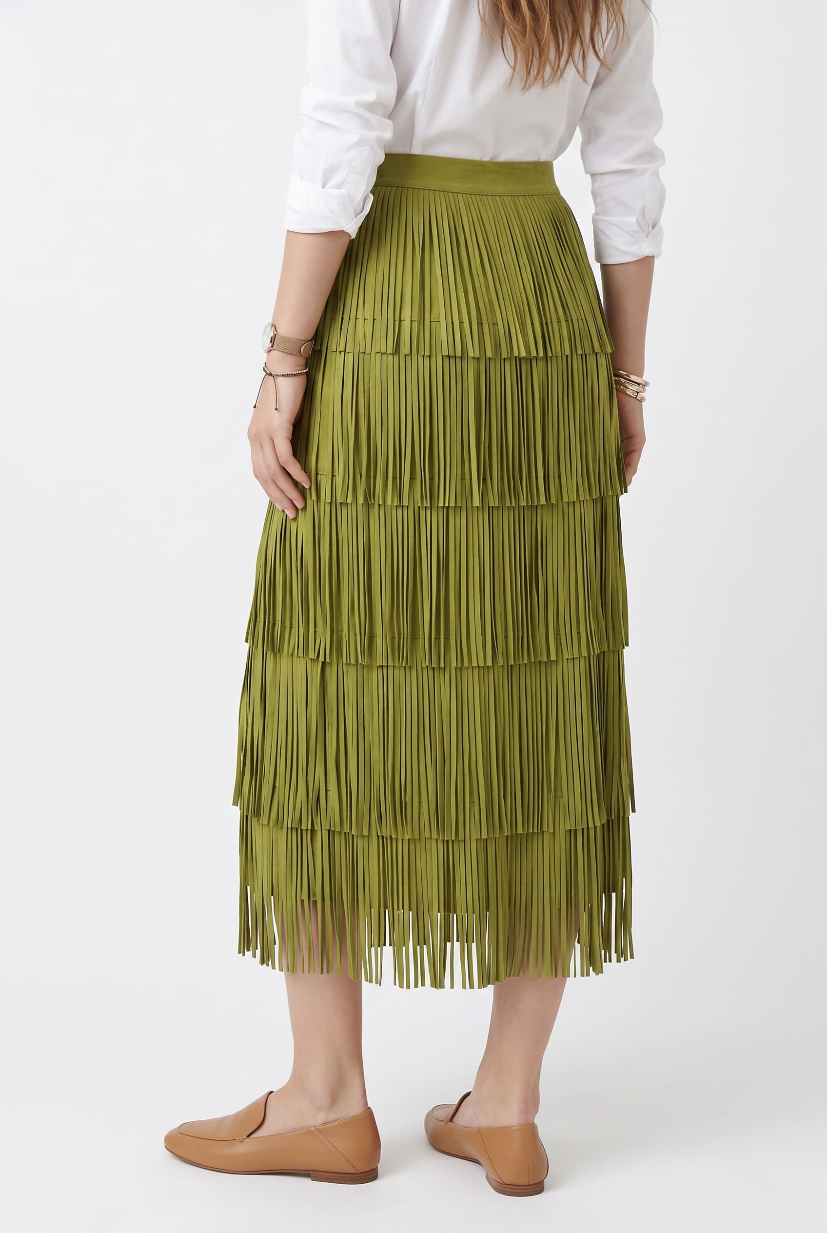 Chartreuse Tiered Fringe Midi Skirt