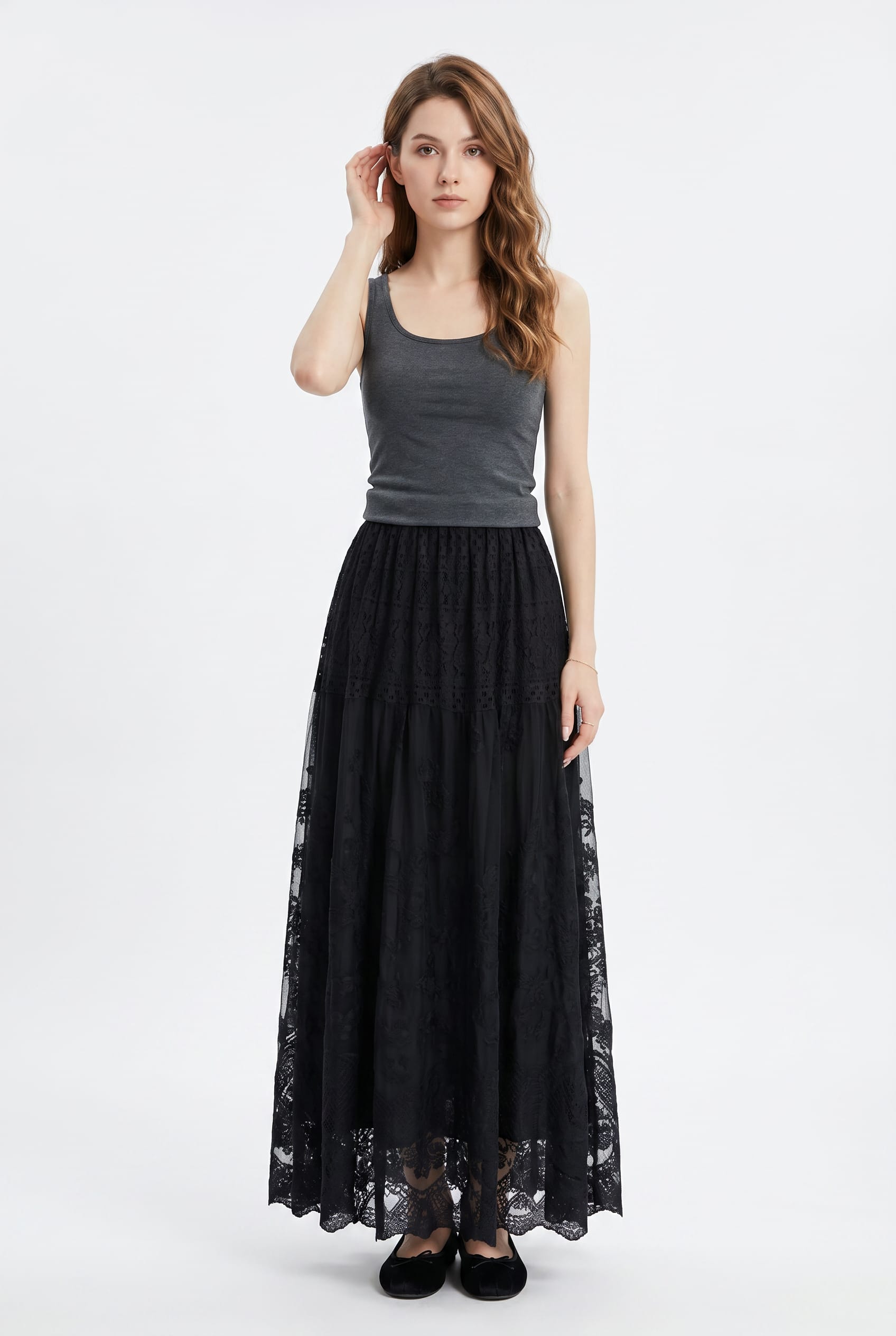 Black Lace Overlay Maxi Skirt
