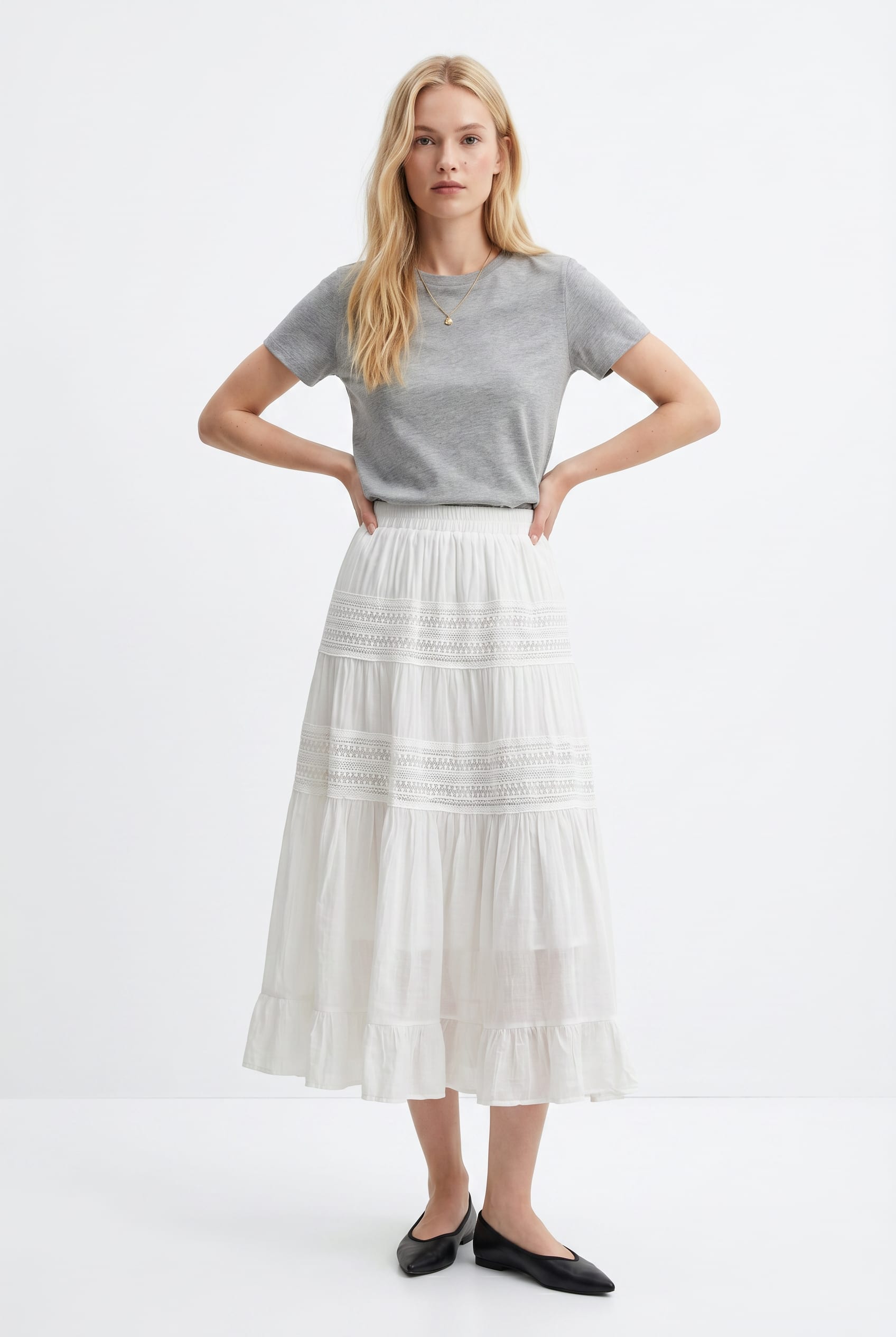 White Crochet Panel Tiered Midi Skirt