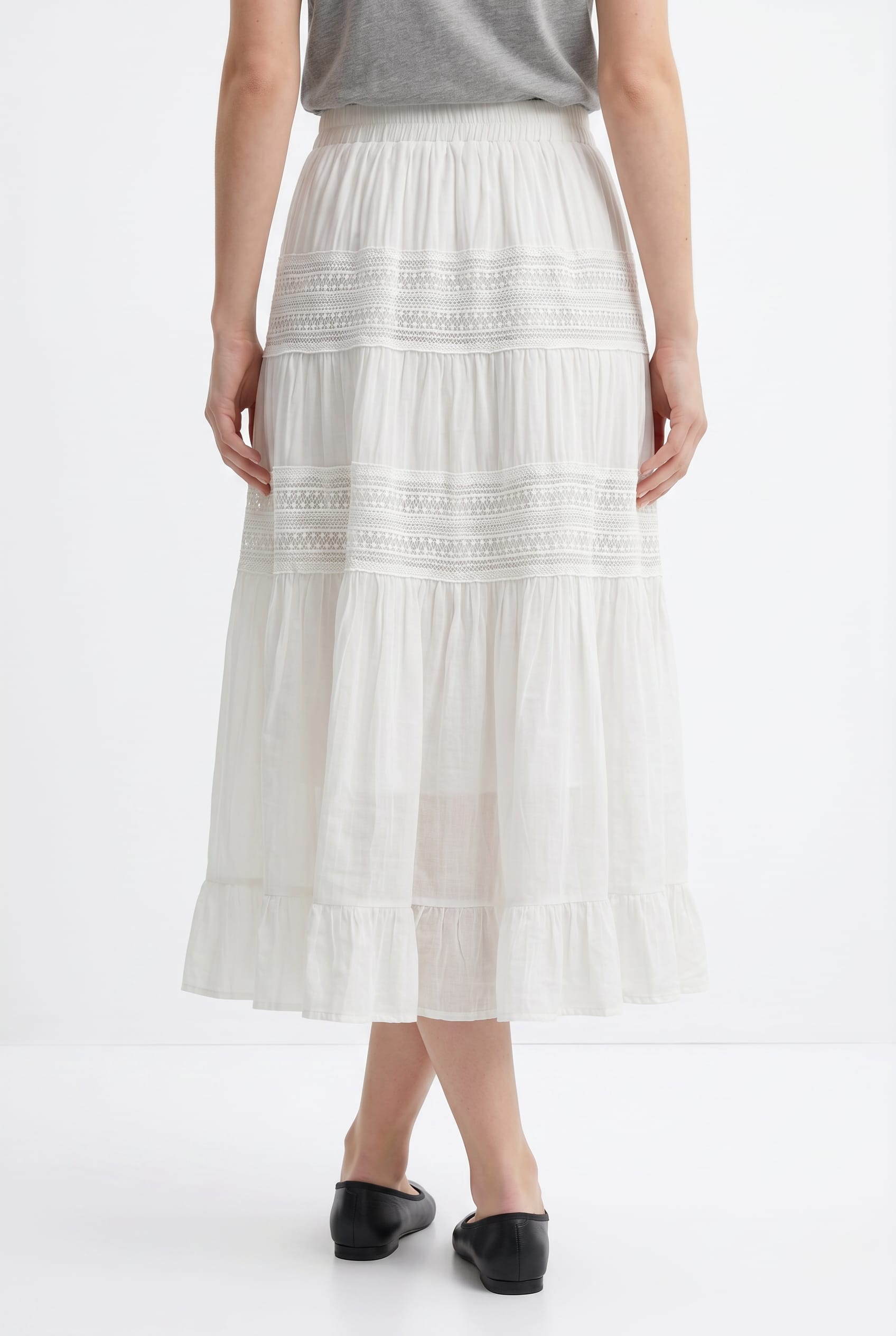 White Crochet Panel Tiered Midi Skirt