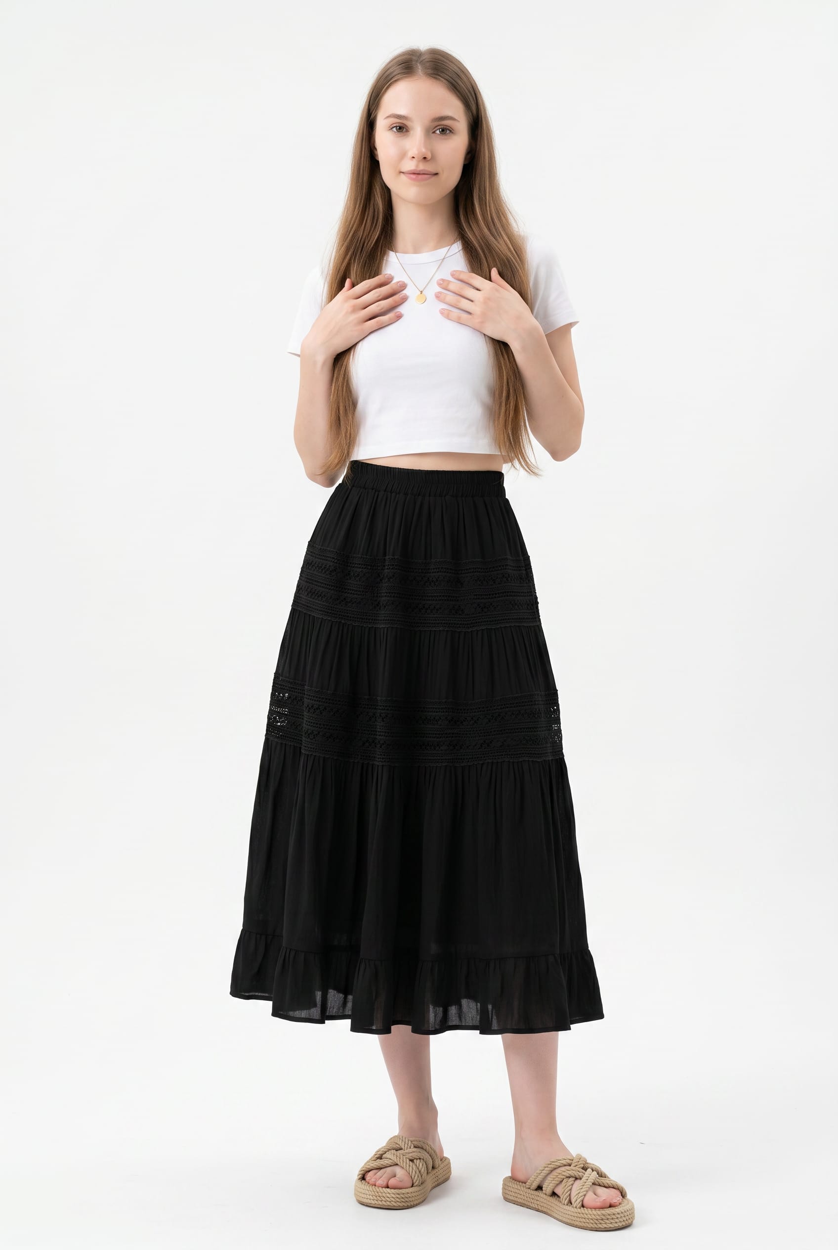 Black Tiered Lace Trim Midi Skirt