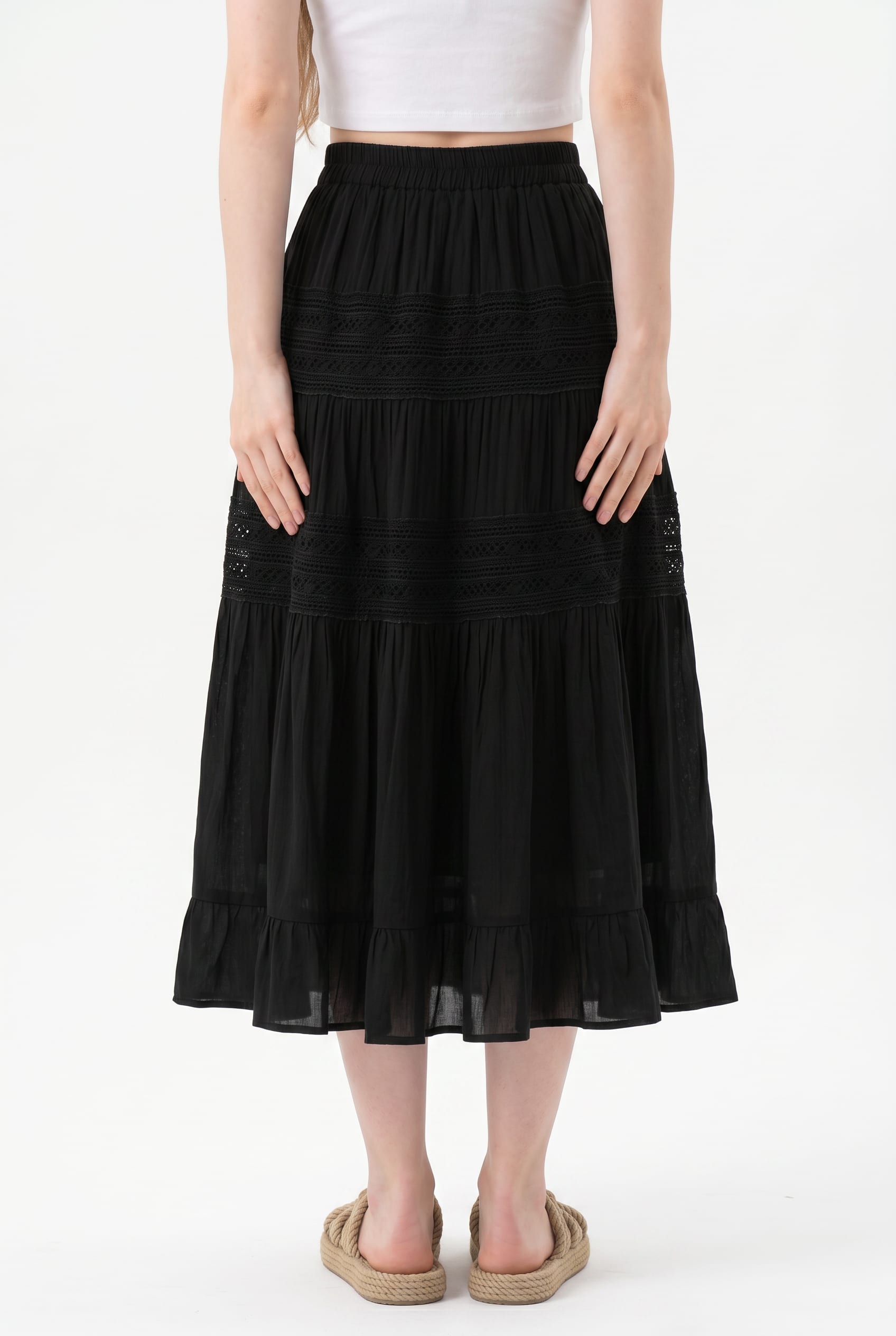 Black Tiered Lace Trim Midi Skirt