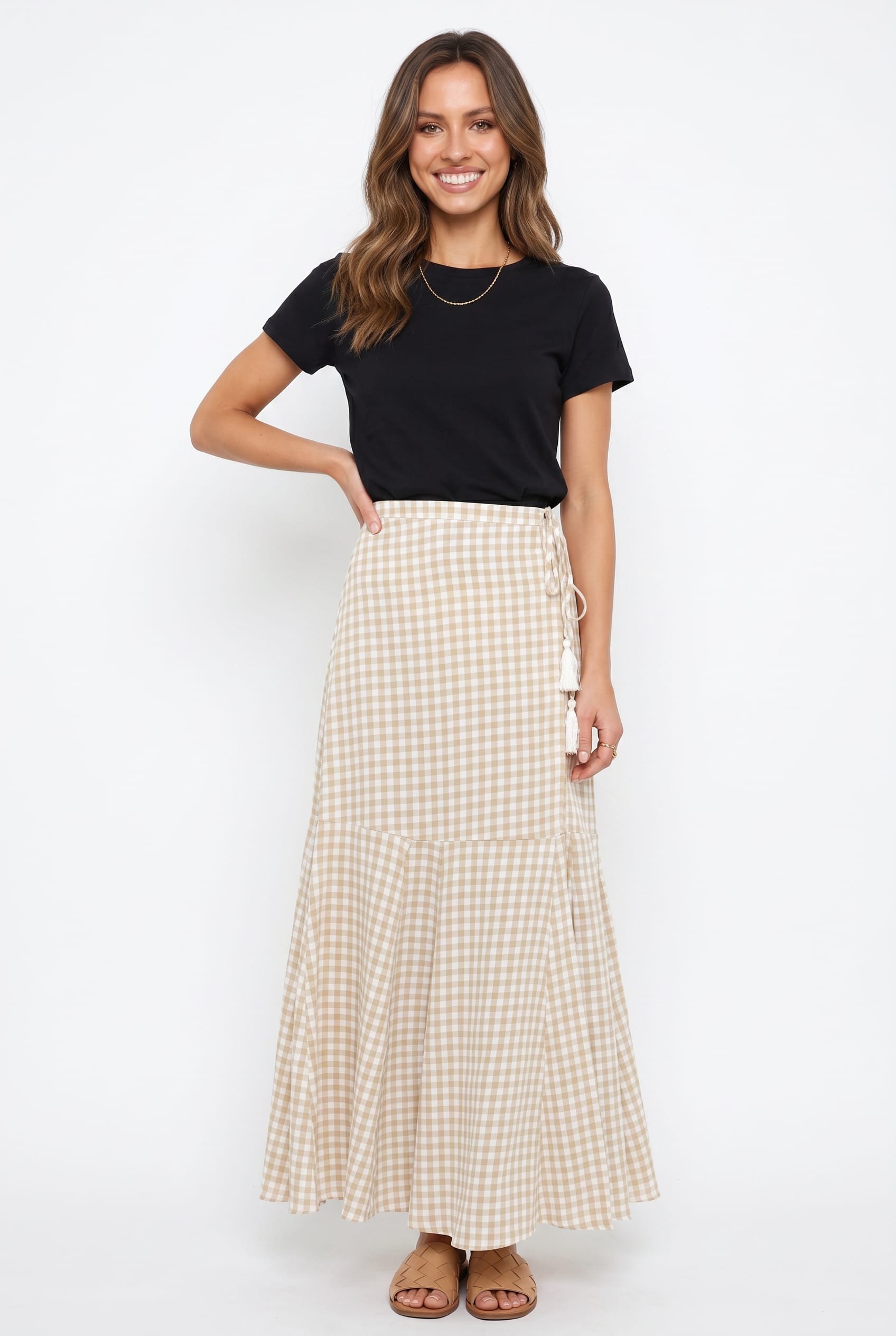Beige Gingham Check Wrap Maxi Skirt