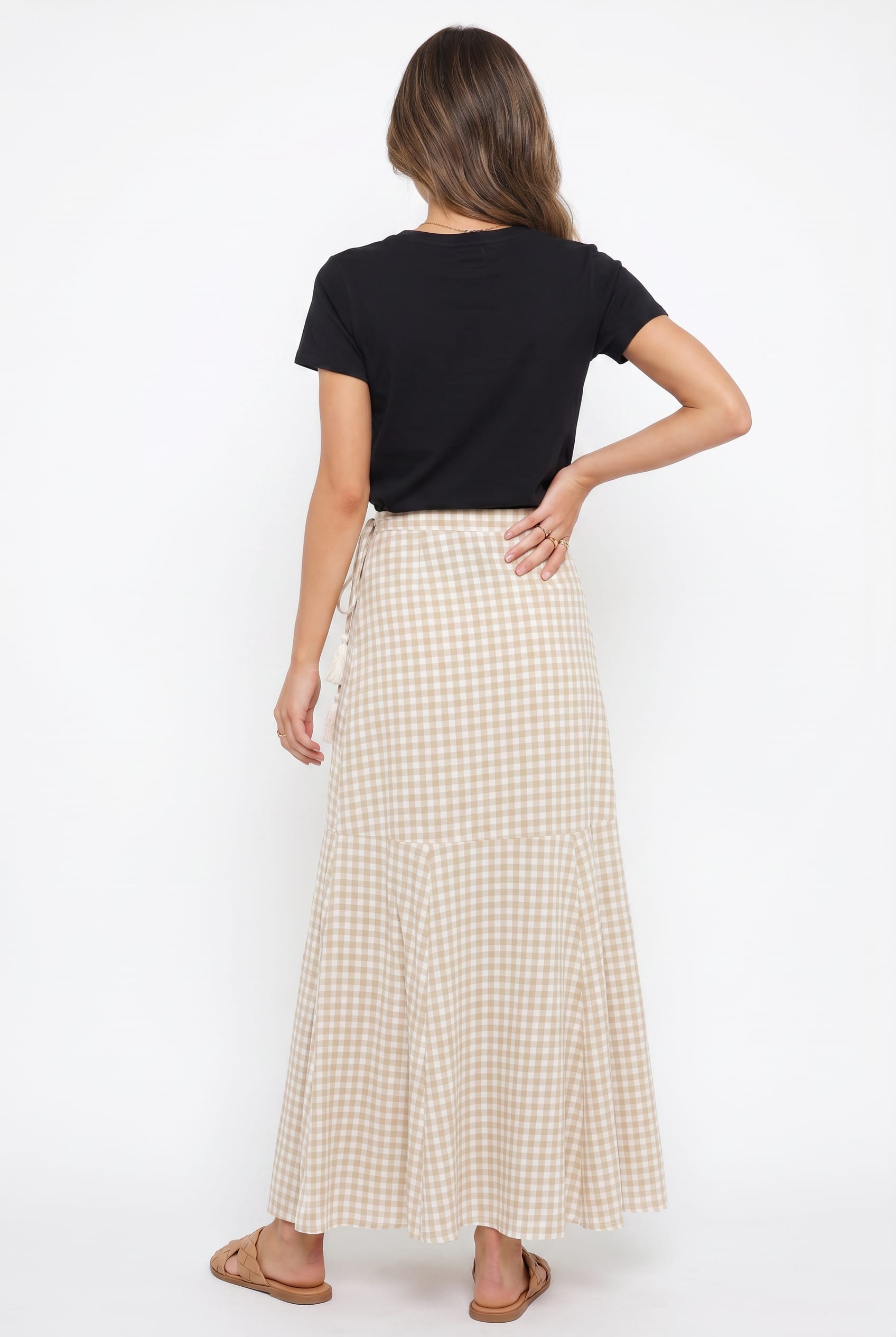 Beige Gingham Check Wrap Maxi Skirt