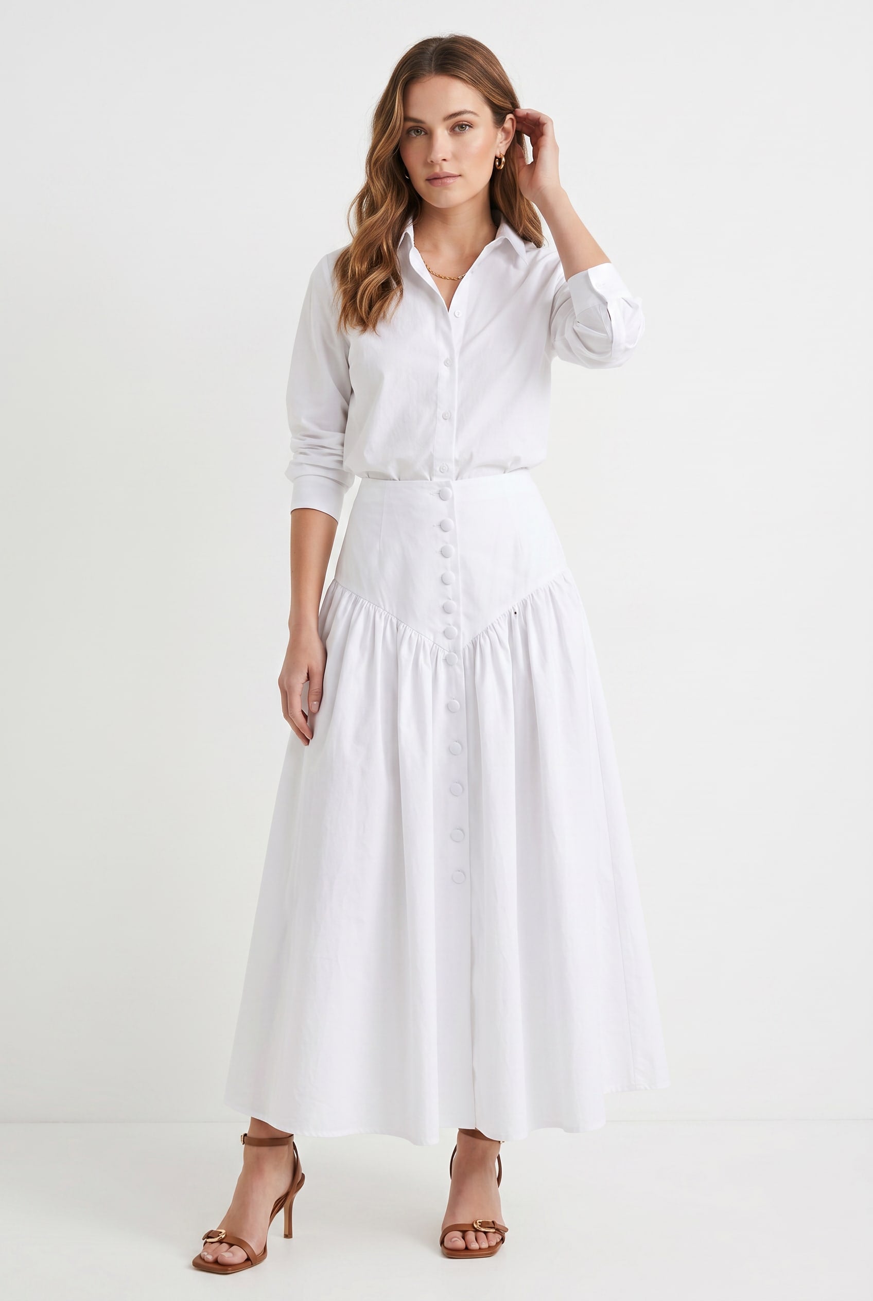 White Gathered Button-Front Maxi Skirt