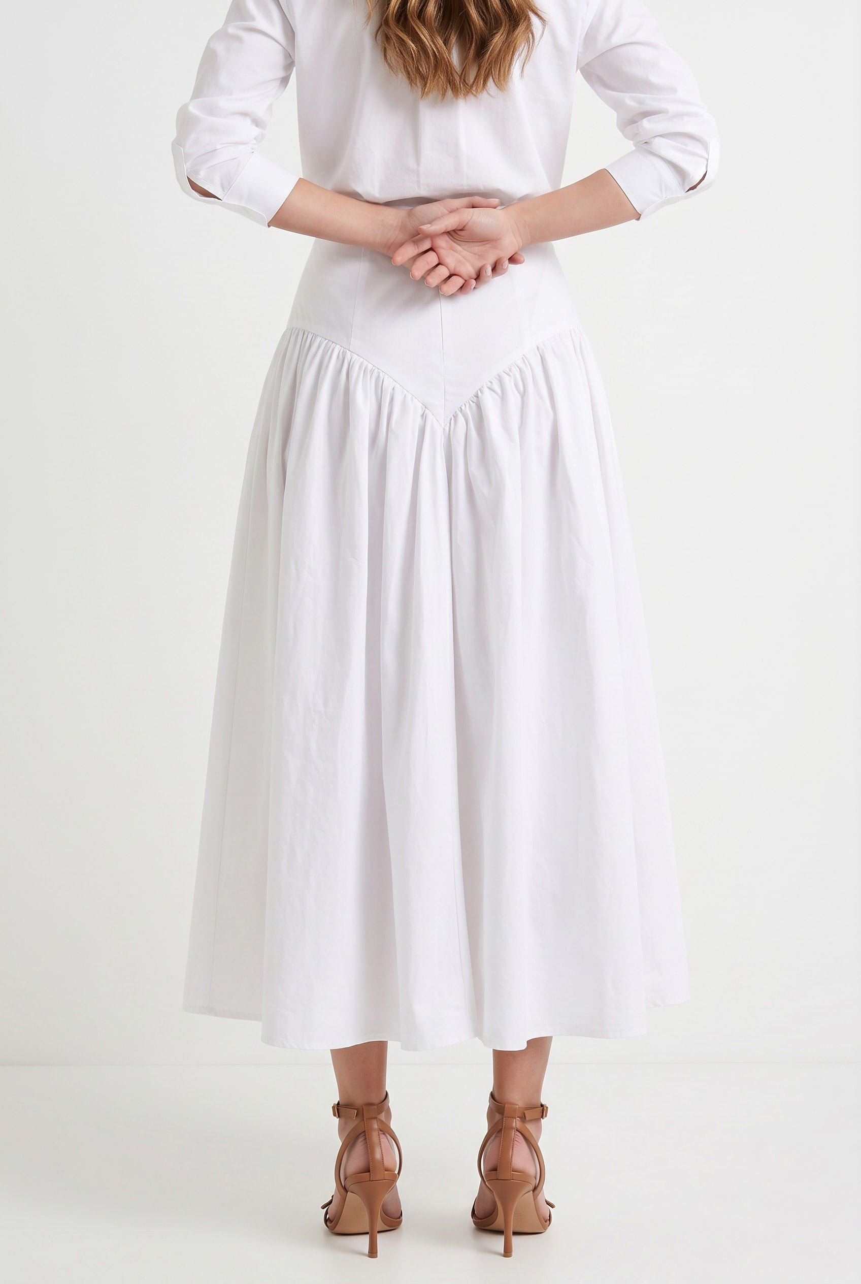 White Gathered Button-Front Maxi Skirt