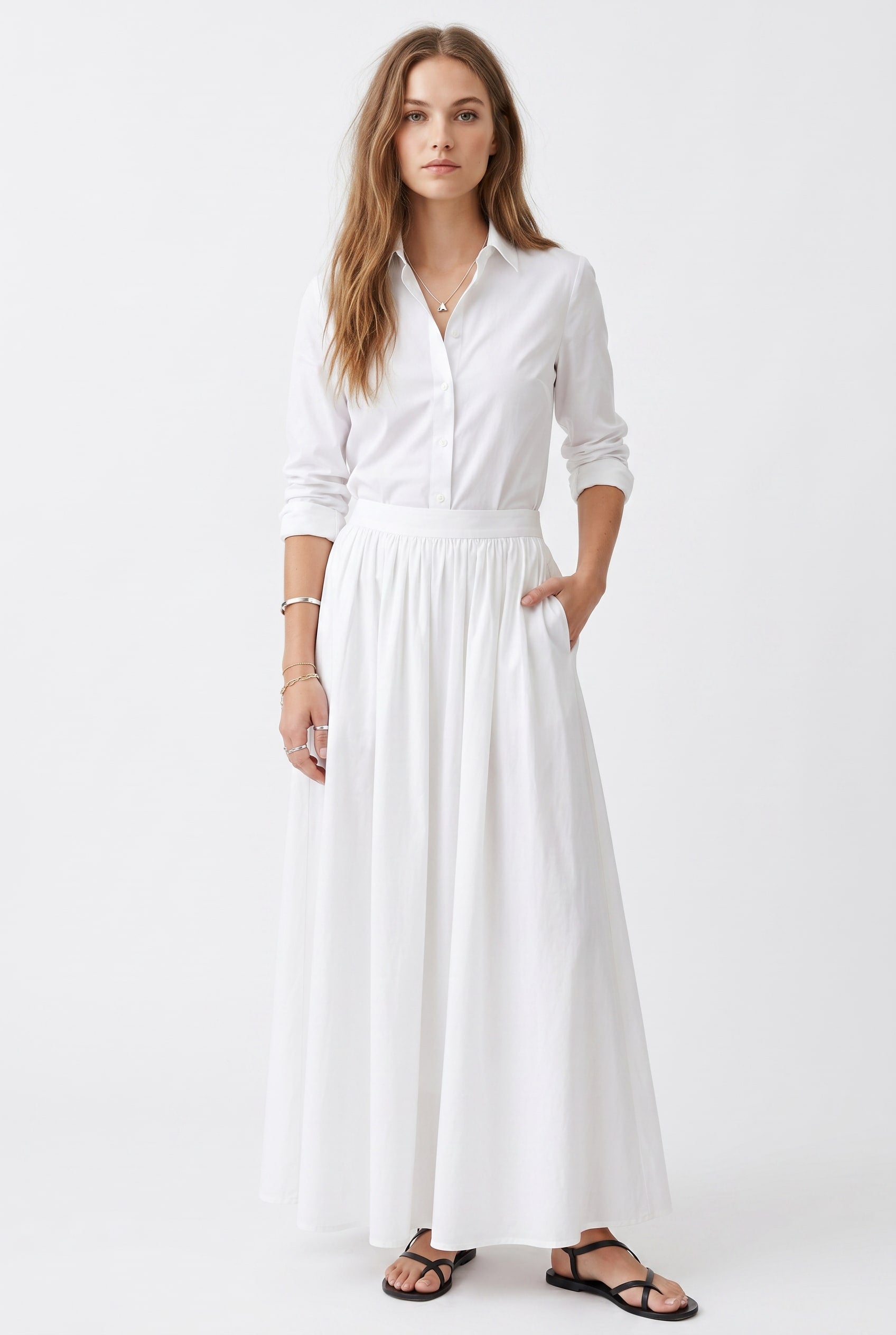 White Gathered Waist Maxi Skirt