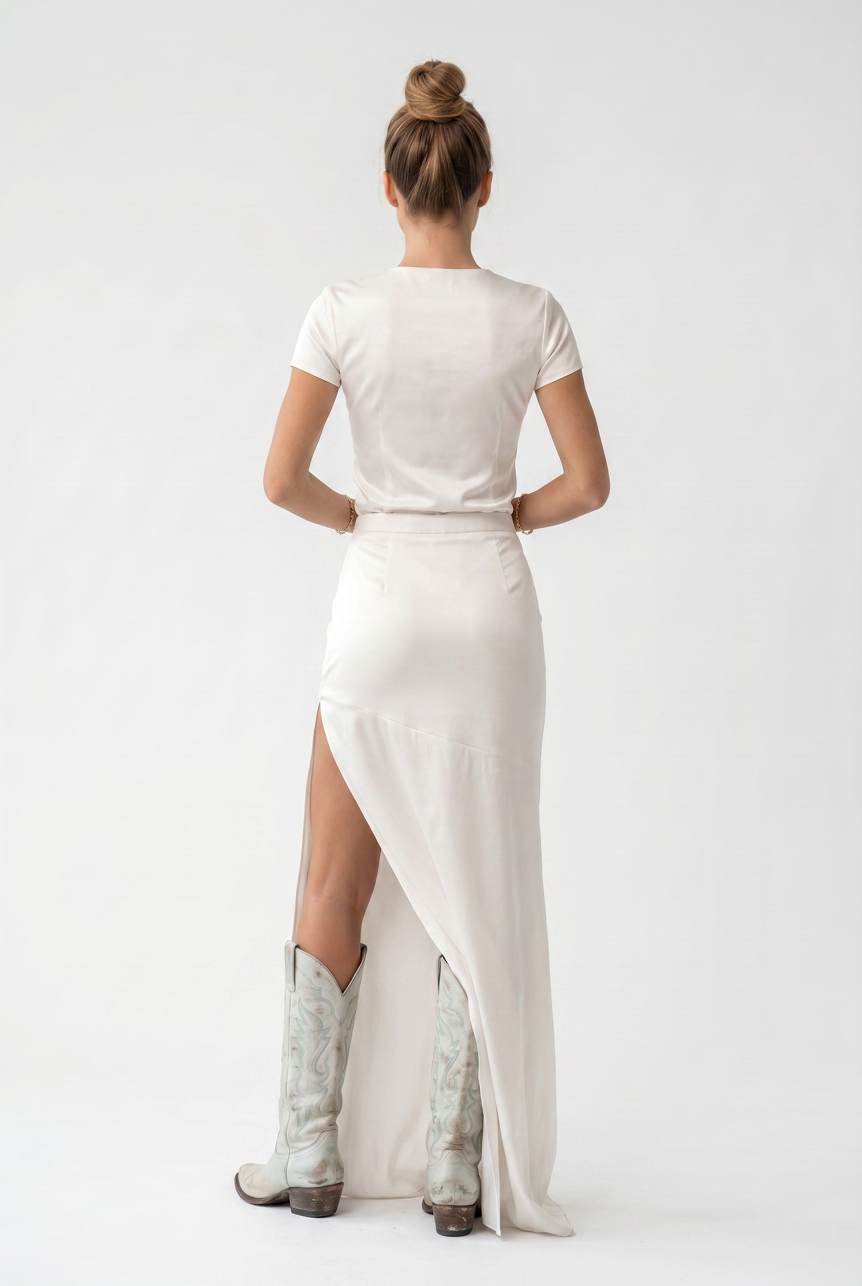 White Satin Maxi Skirt With Slit