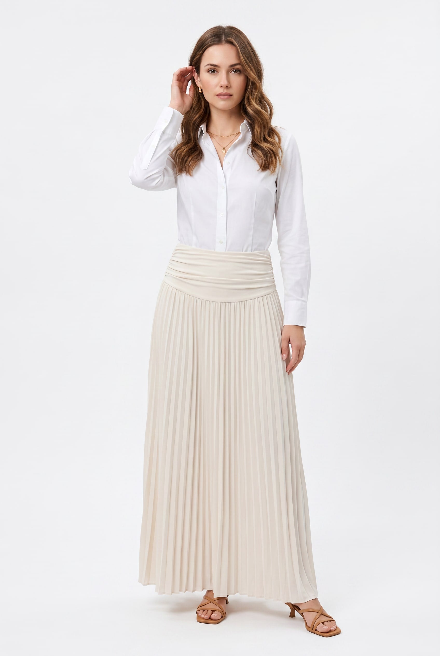 Cream Pleated Maxi Skirt
