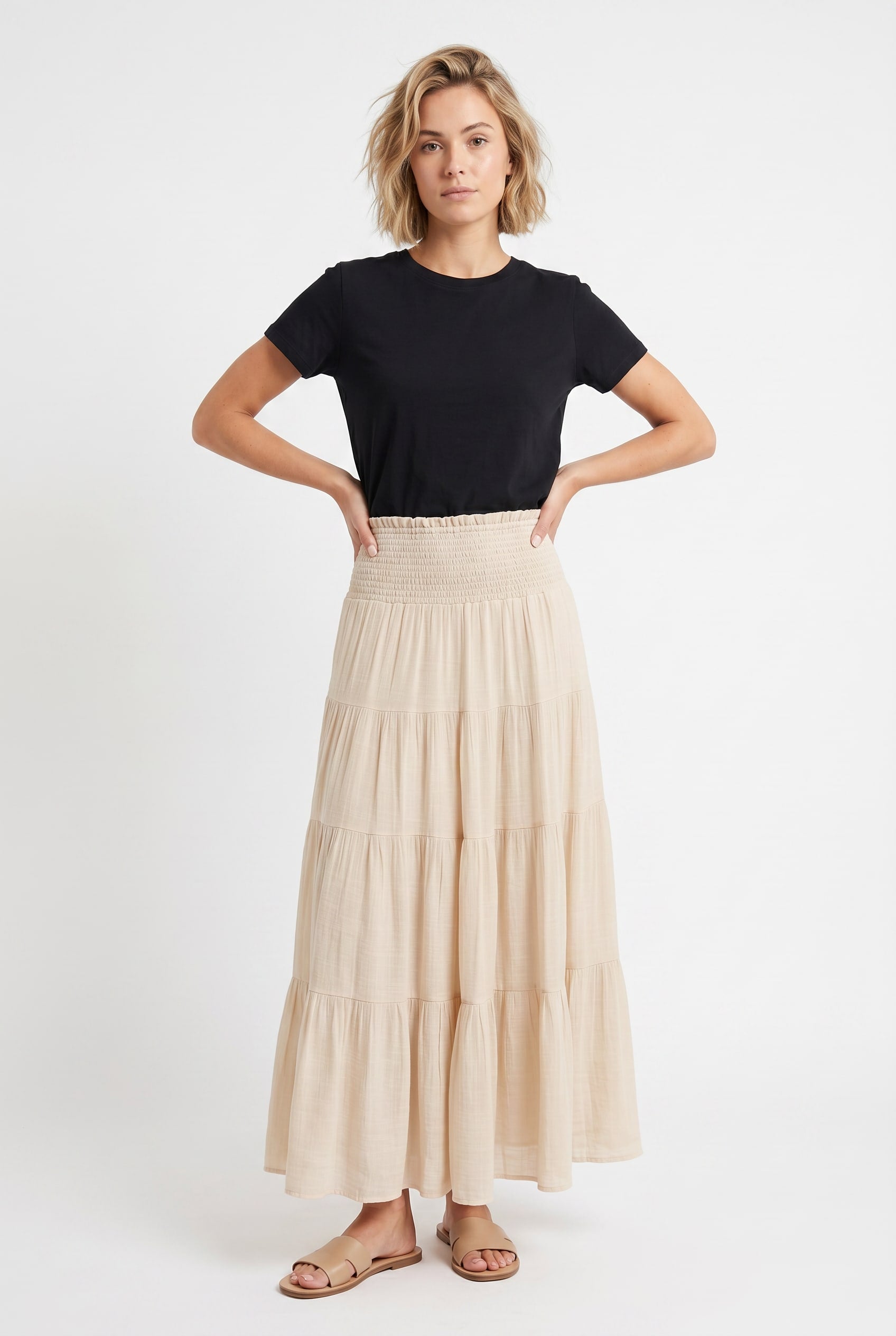 Cream Tiered Smocked Maxi Skirt