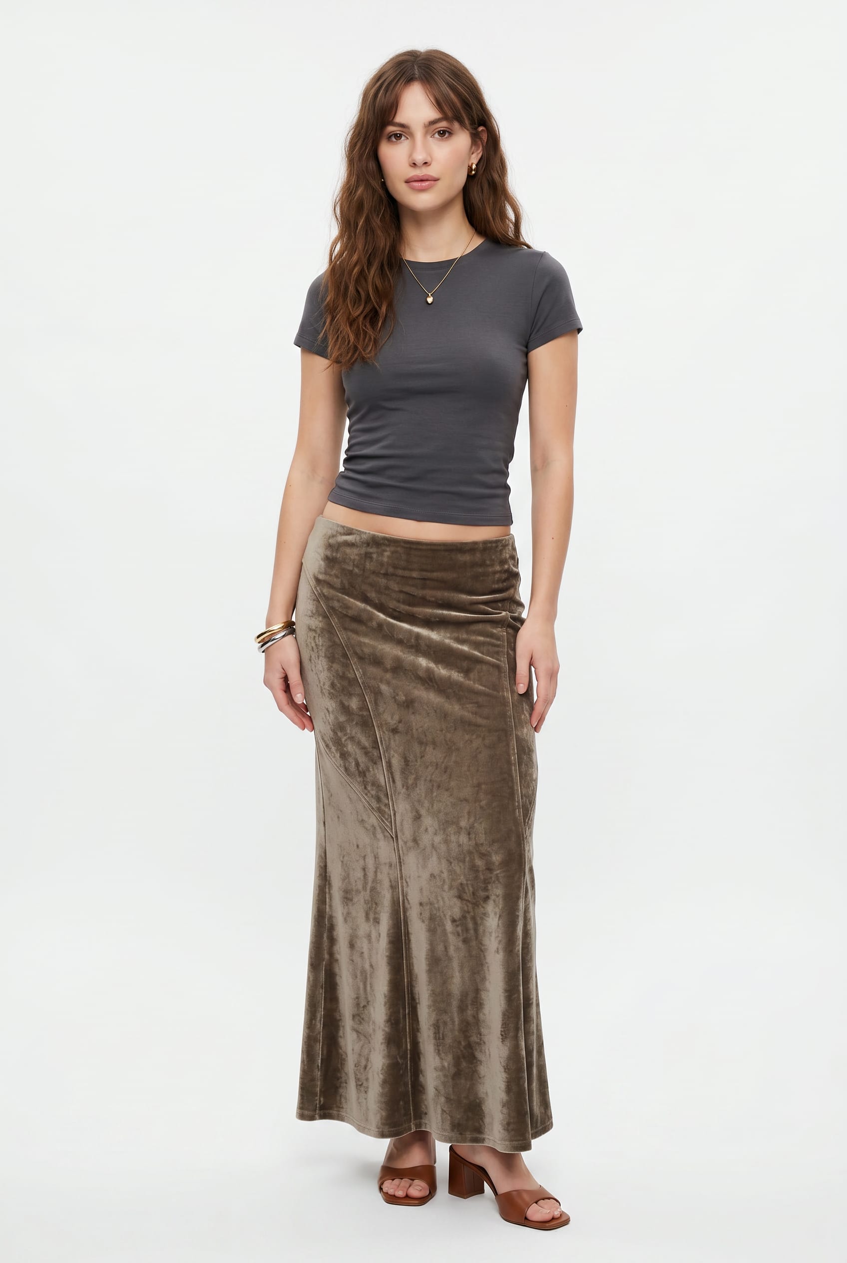 Taupe Velvet Ruched Maxi Skirt