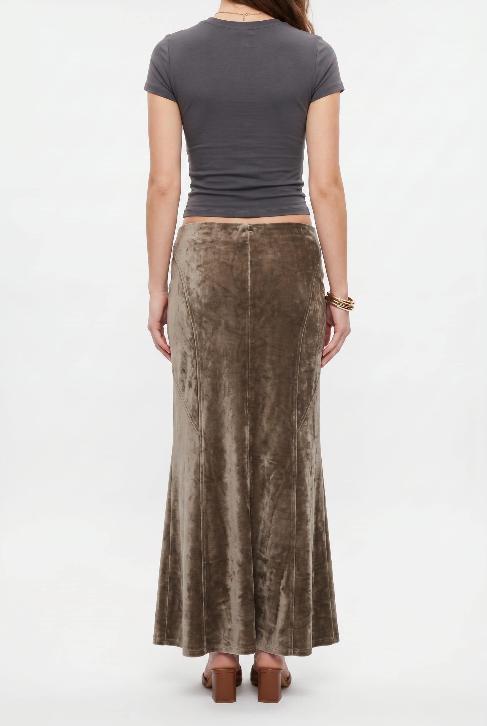 Taupe Velvet Ruched Maxi Skirt