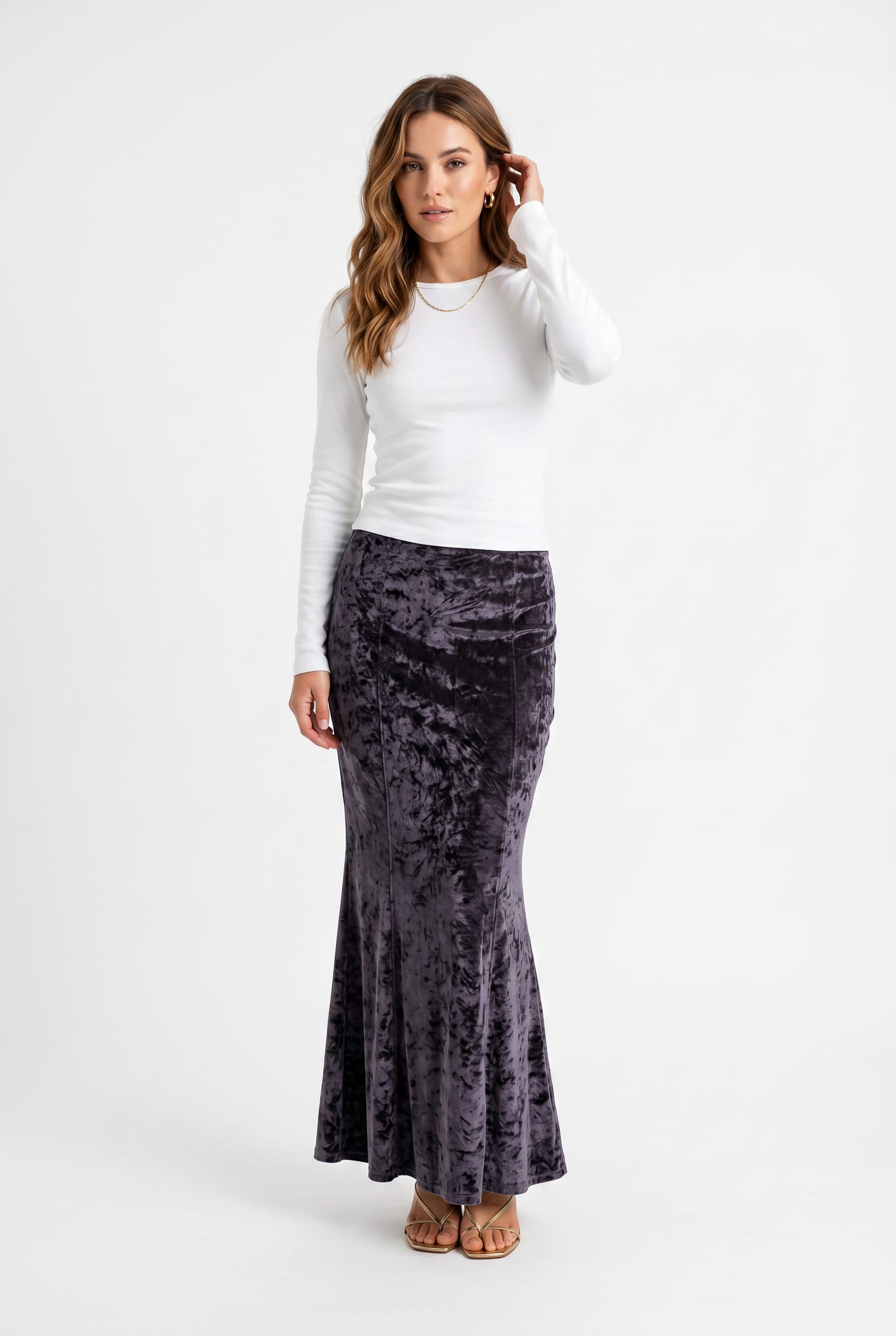 Charcoal Crushed Velvet Mermaid Maxi Skirt