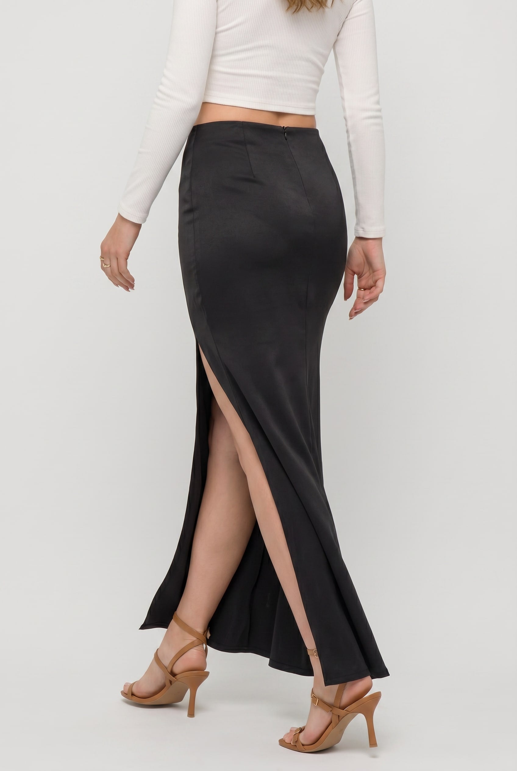 Black Satin Maxi Skirt Side Slit