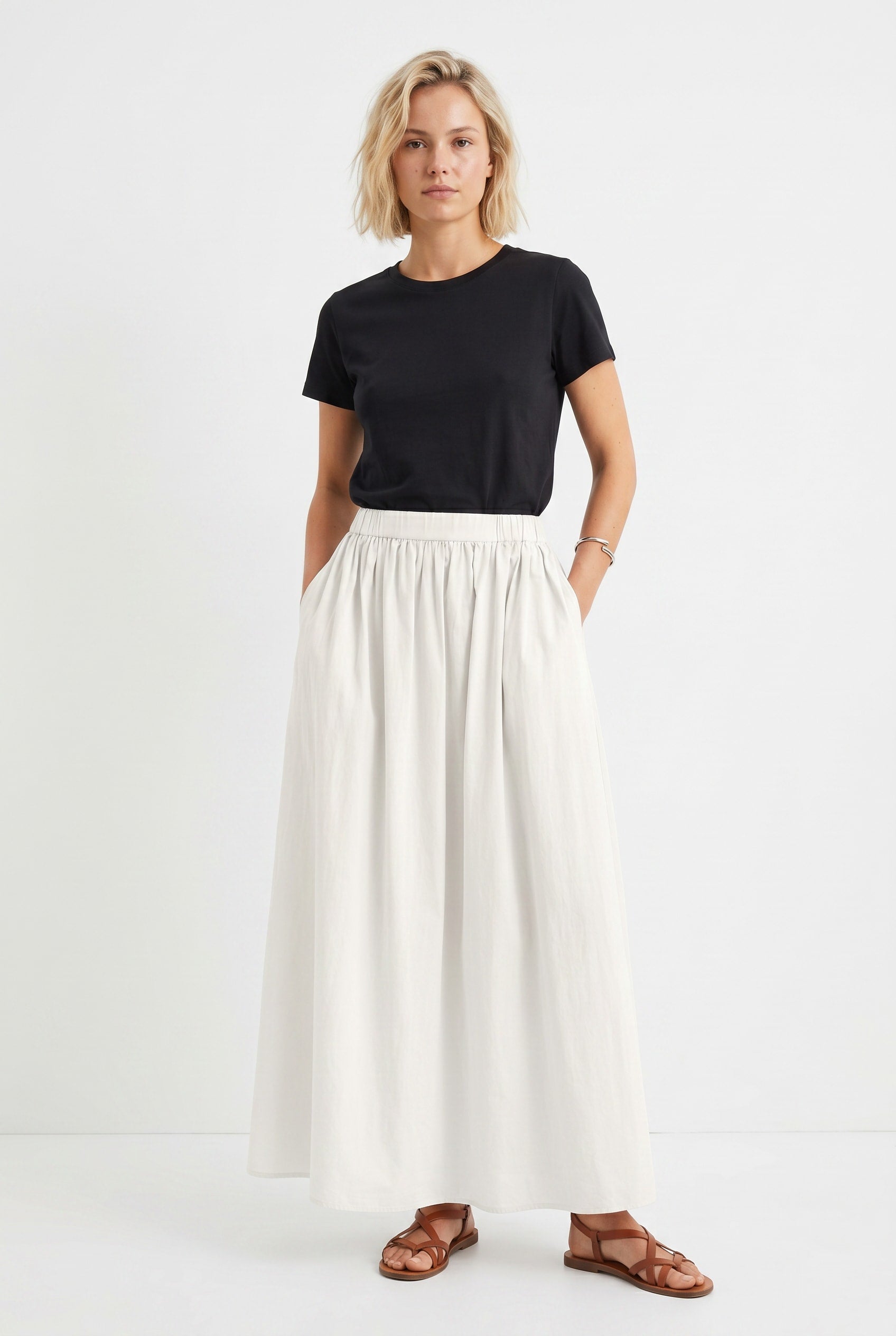 Ivory Linen Gathered Maxi Skirt