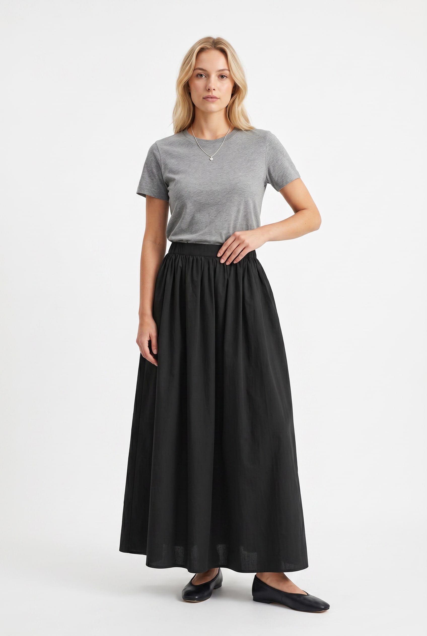 Black Gathered Waist Maxi Skirt