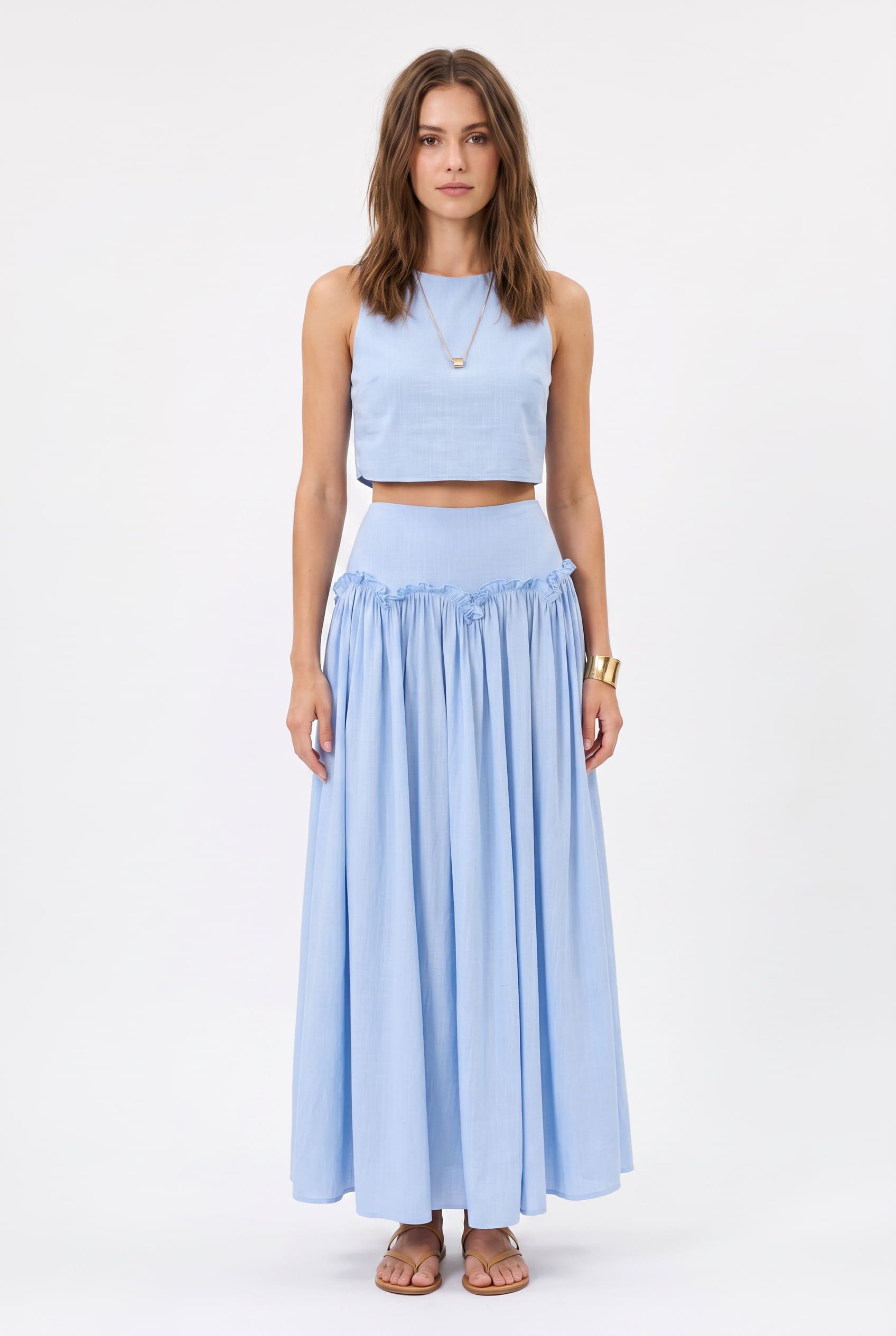 Sky Blue Gathered Waist Maxi Skirt
