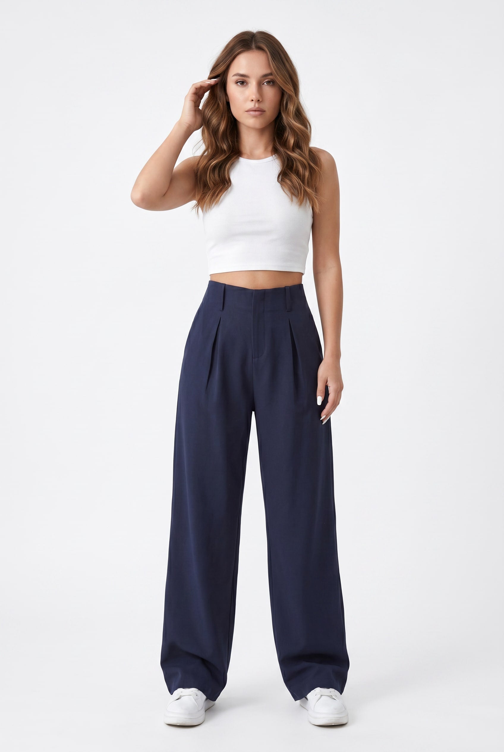 Navy Wide Leg Pleated Trousers