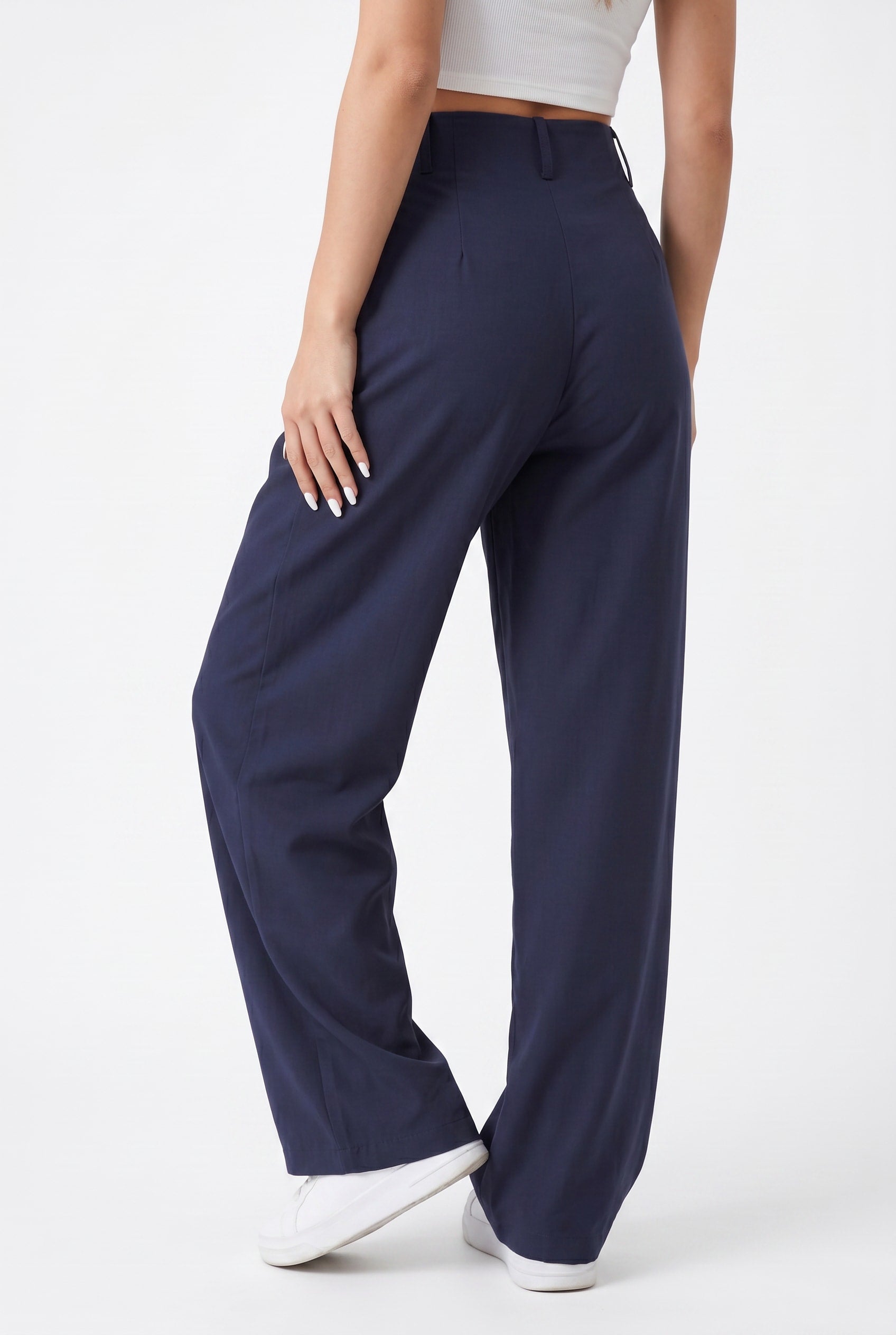 Navy Wide Leg Pleated Trousers