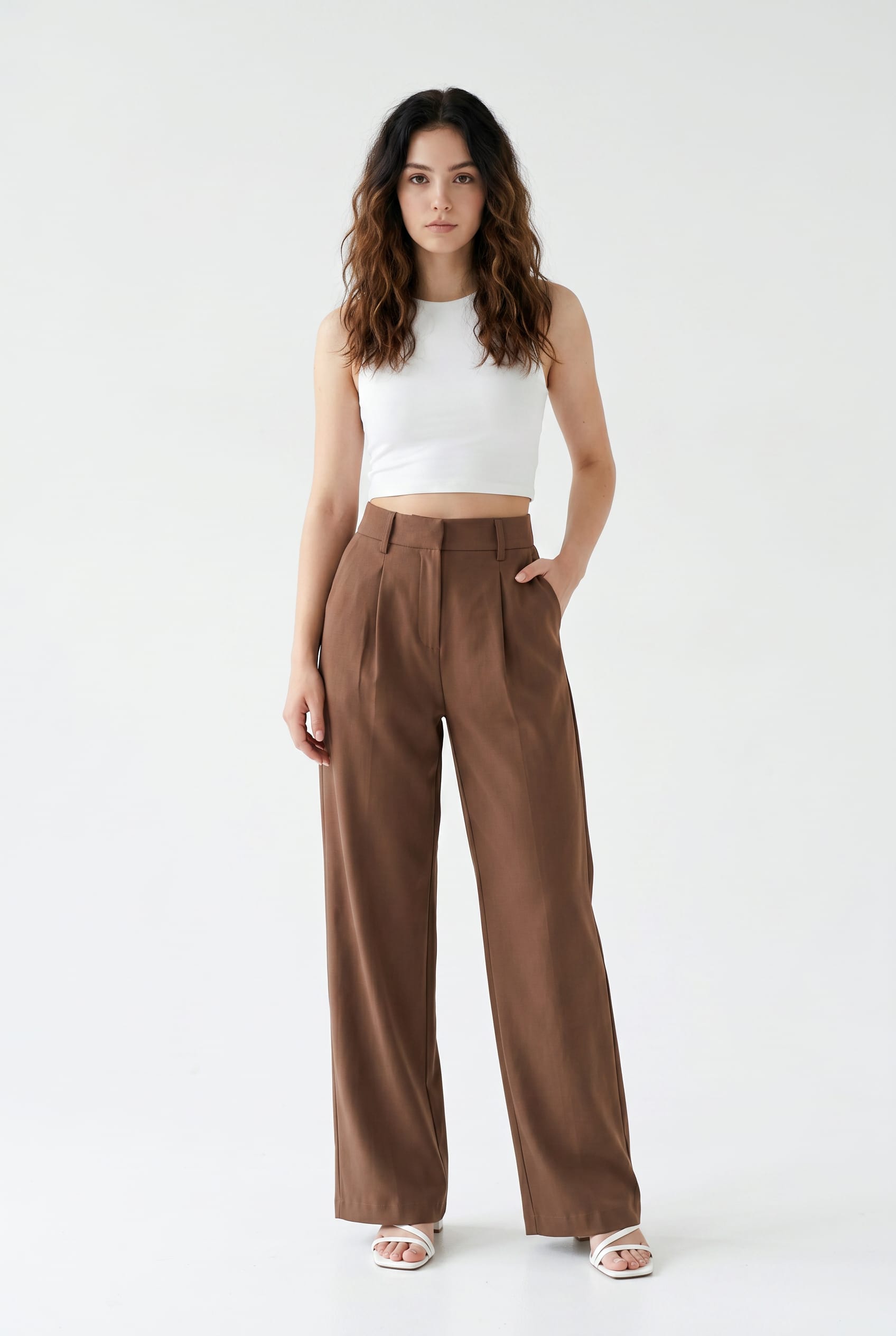 Chocolate Brown Wide Leg Pleated Trousers
