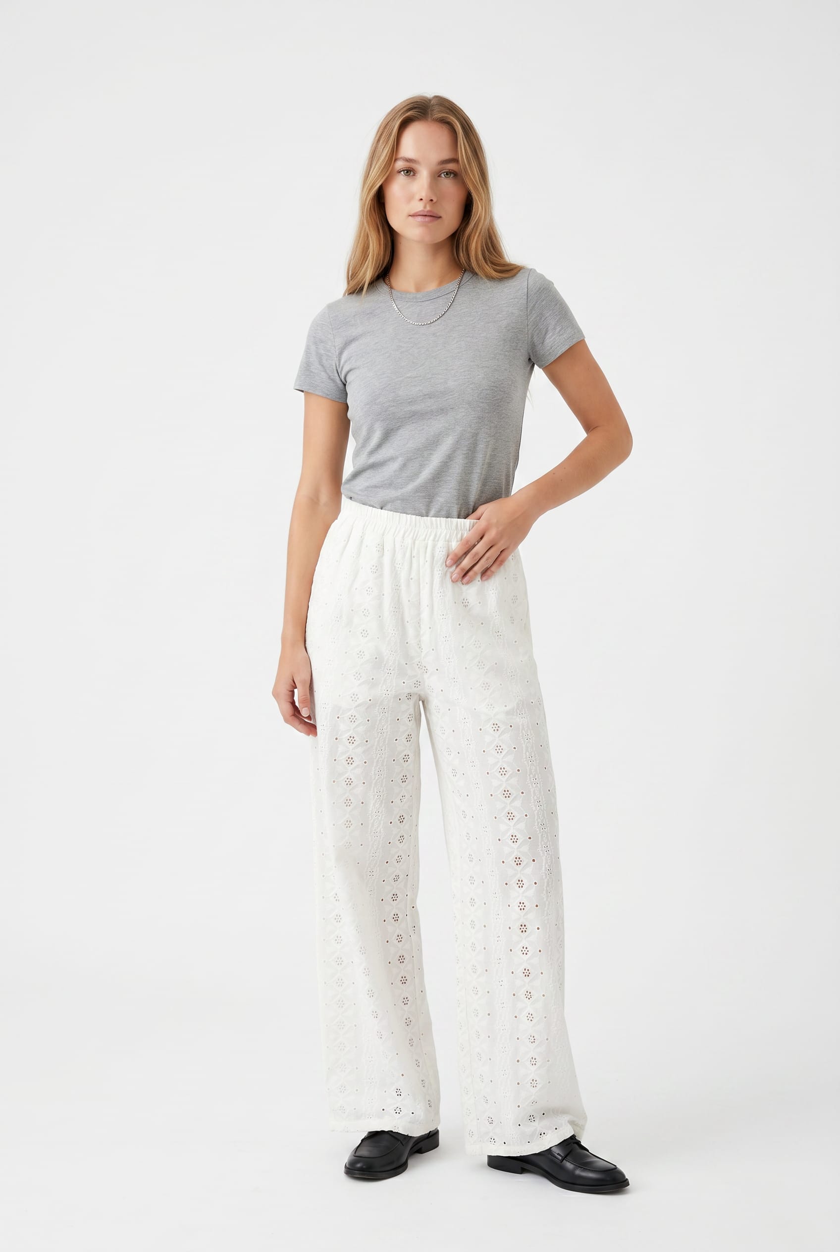 White Broderie Anglaise Wide-Leg Trousers