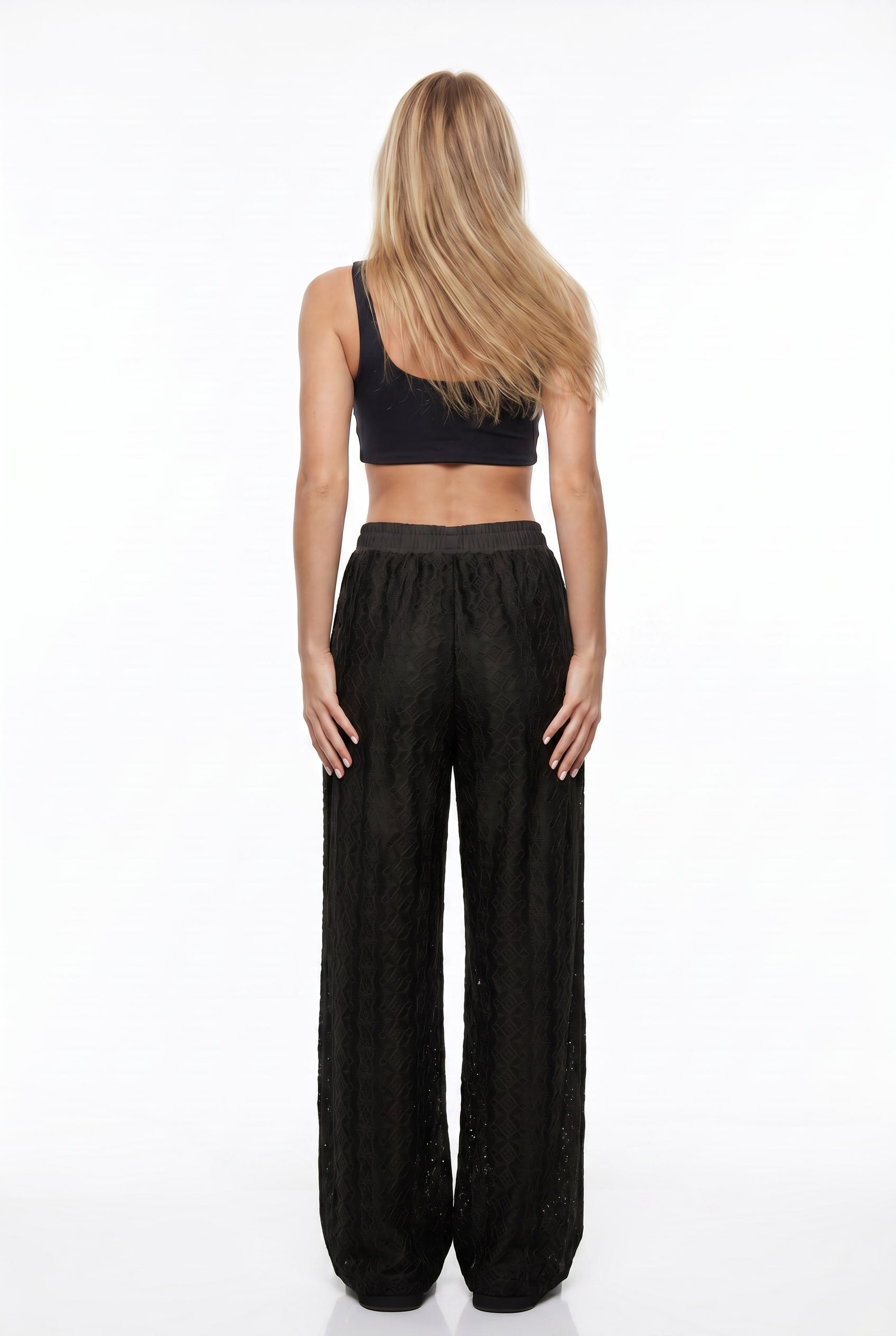 Black Satin Jacquard Wide Leg Trousers