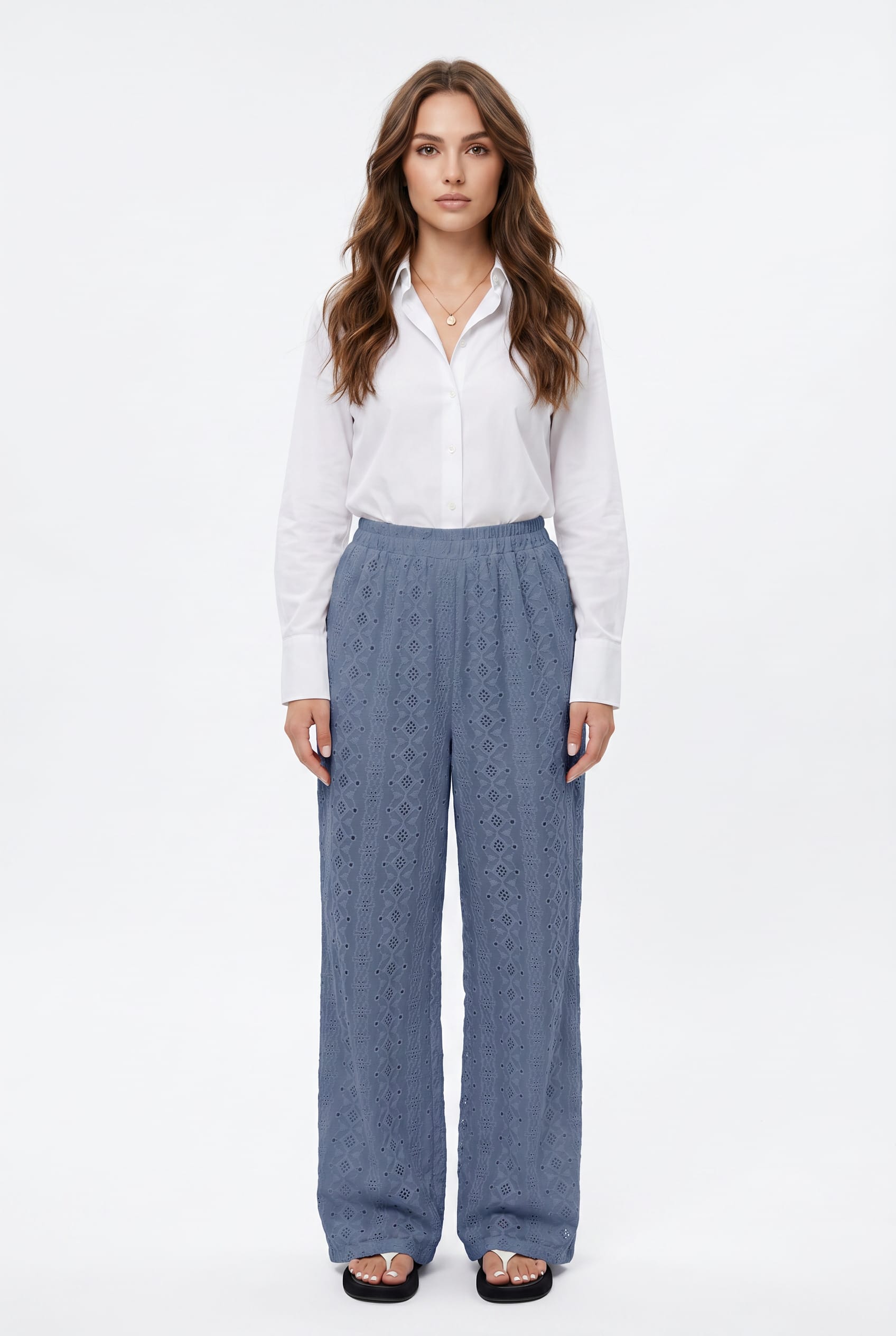 Slate Blue Eyelet Embroidered Wide Trousers