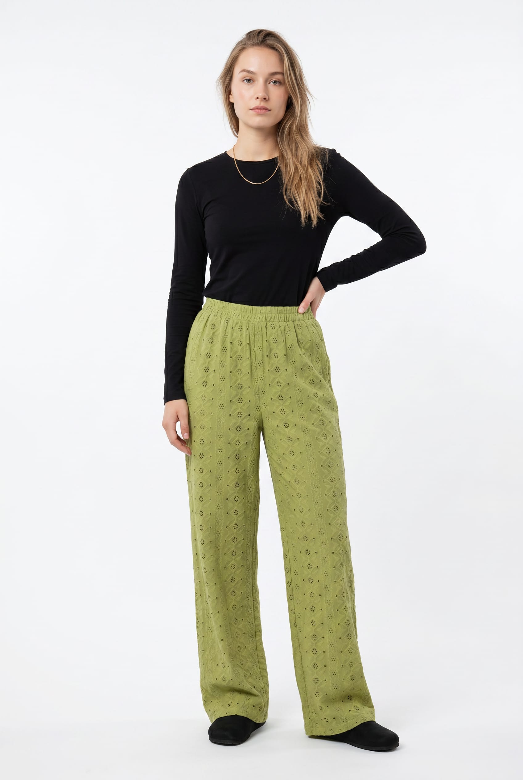 Olive Broderie Anglaise Wide-Leg Trousers