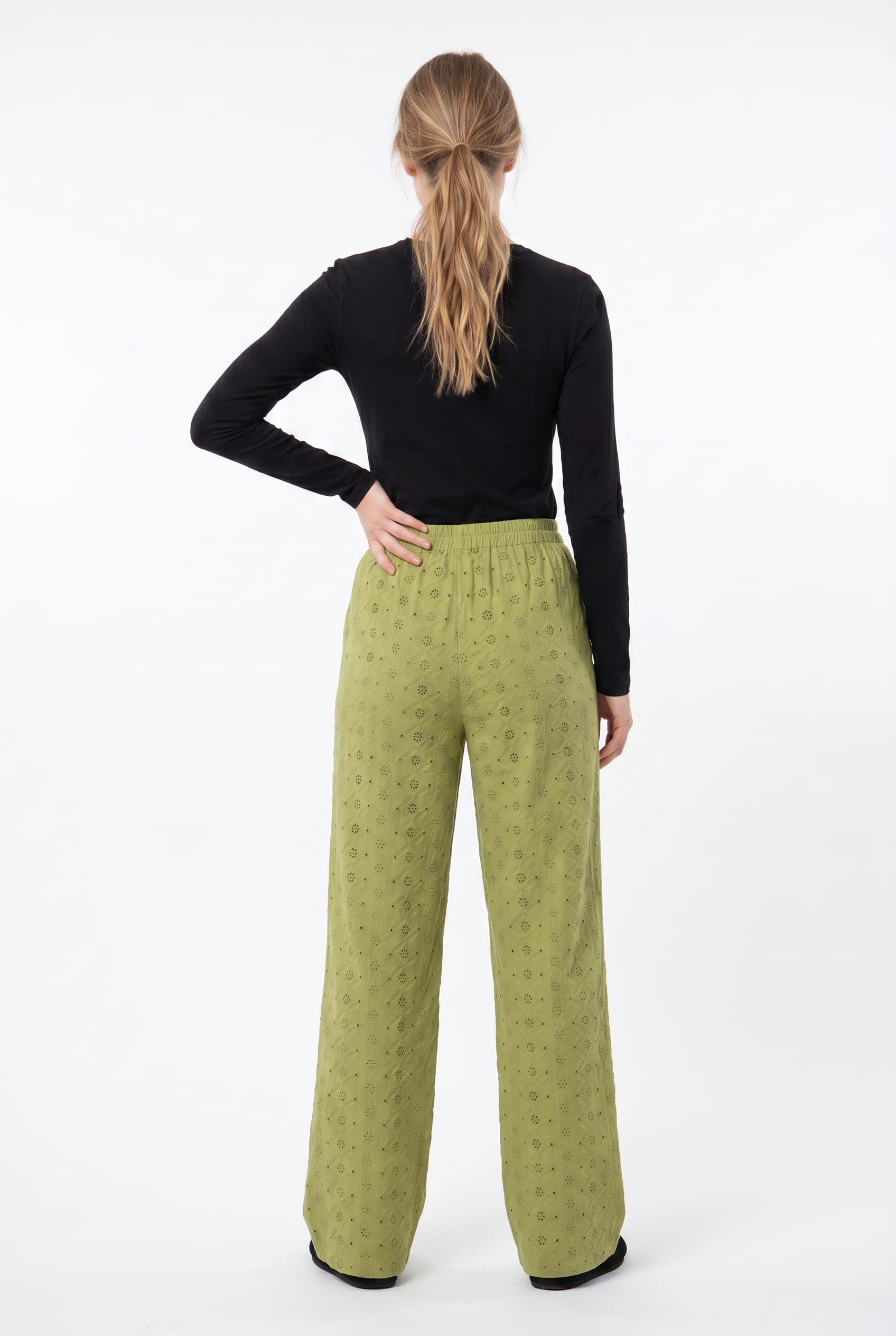 Olive Broderie Anglaise Wide-Leg Trousers