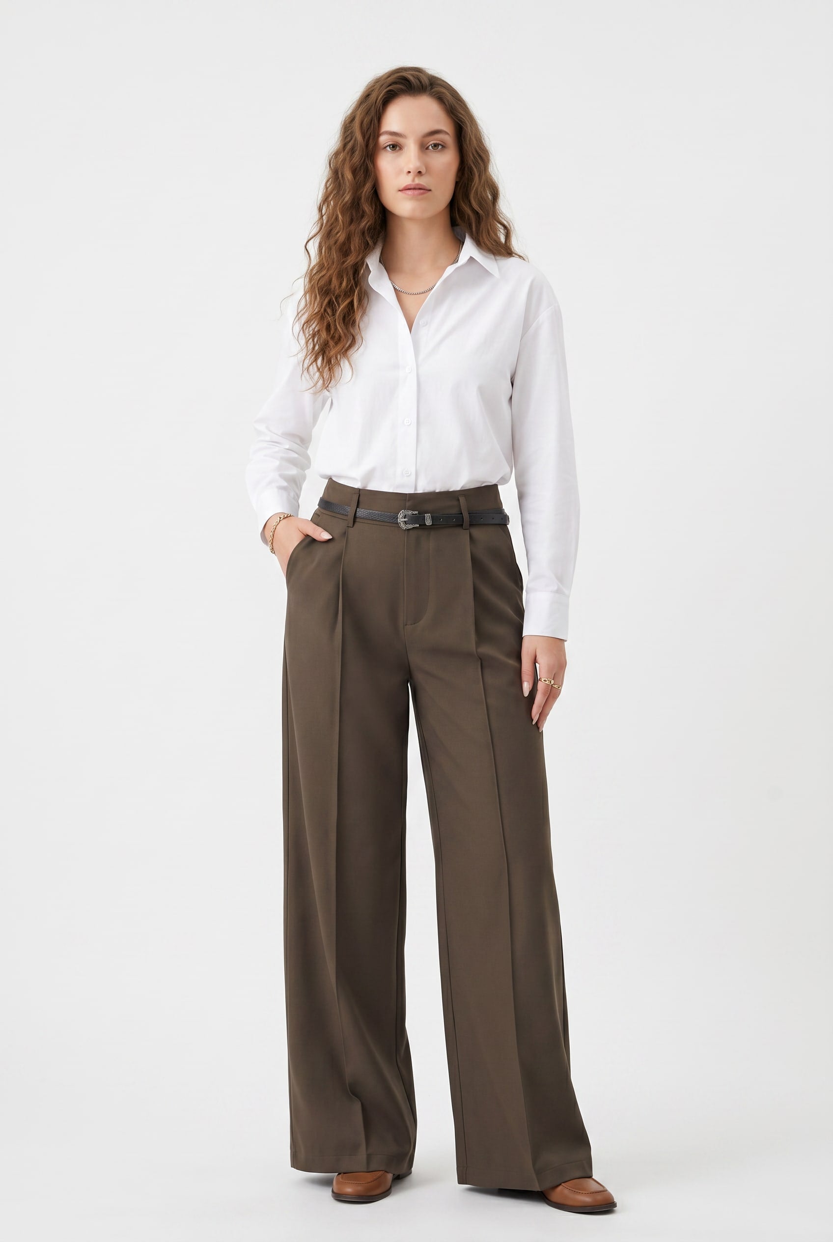 Khaki Wide-Leg Pleated Trousers