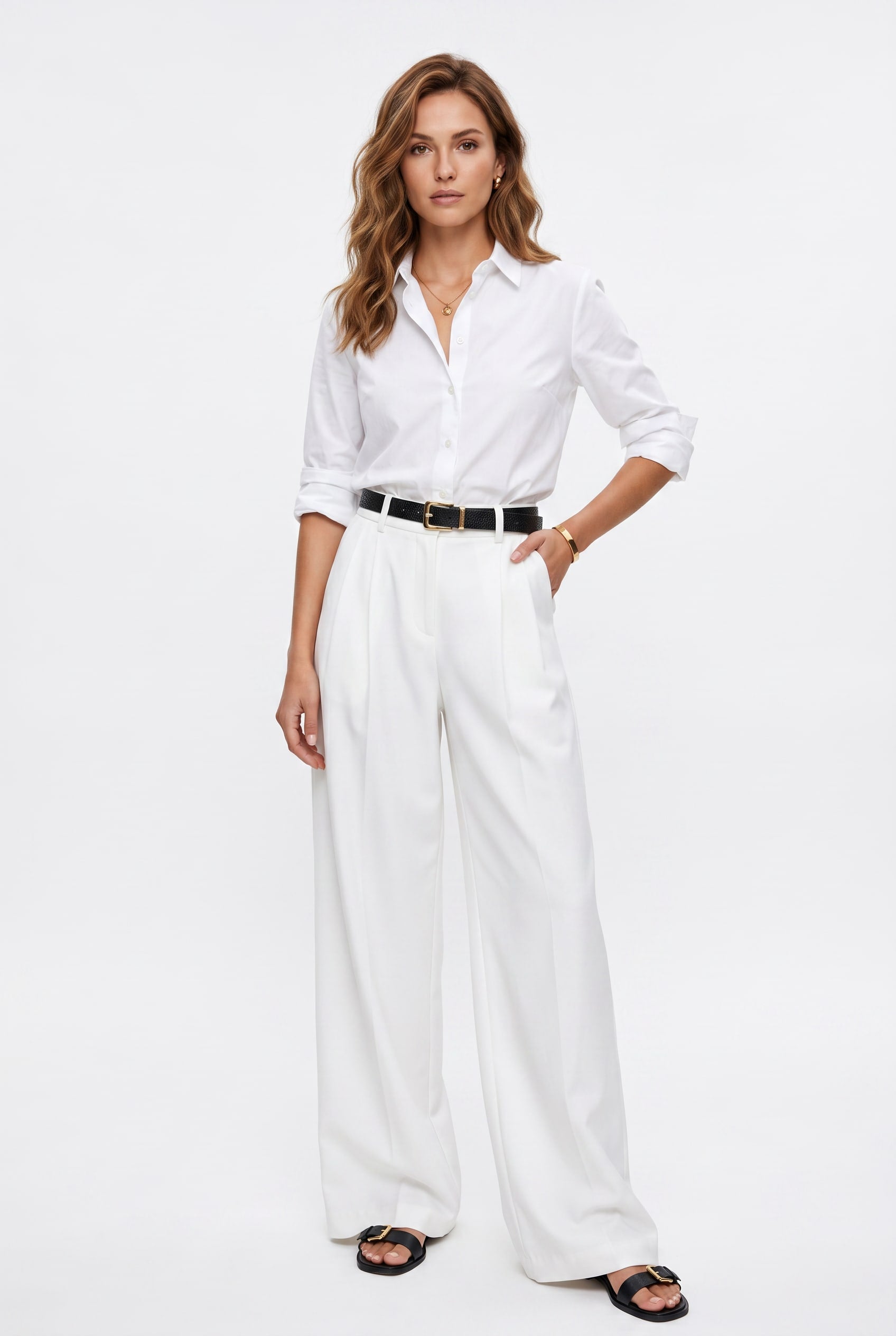 White Wide-Leg Tailored Trousers
