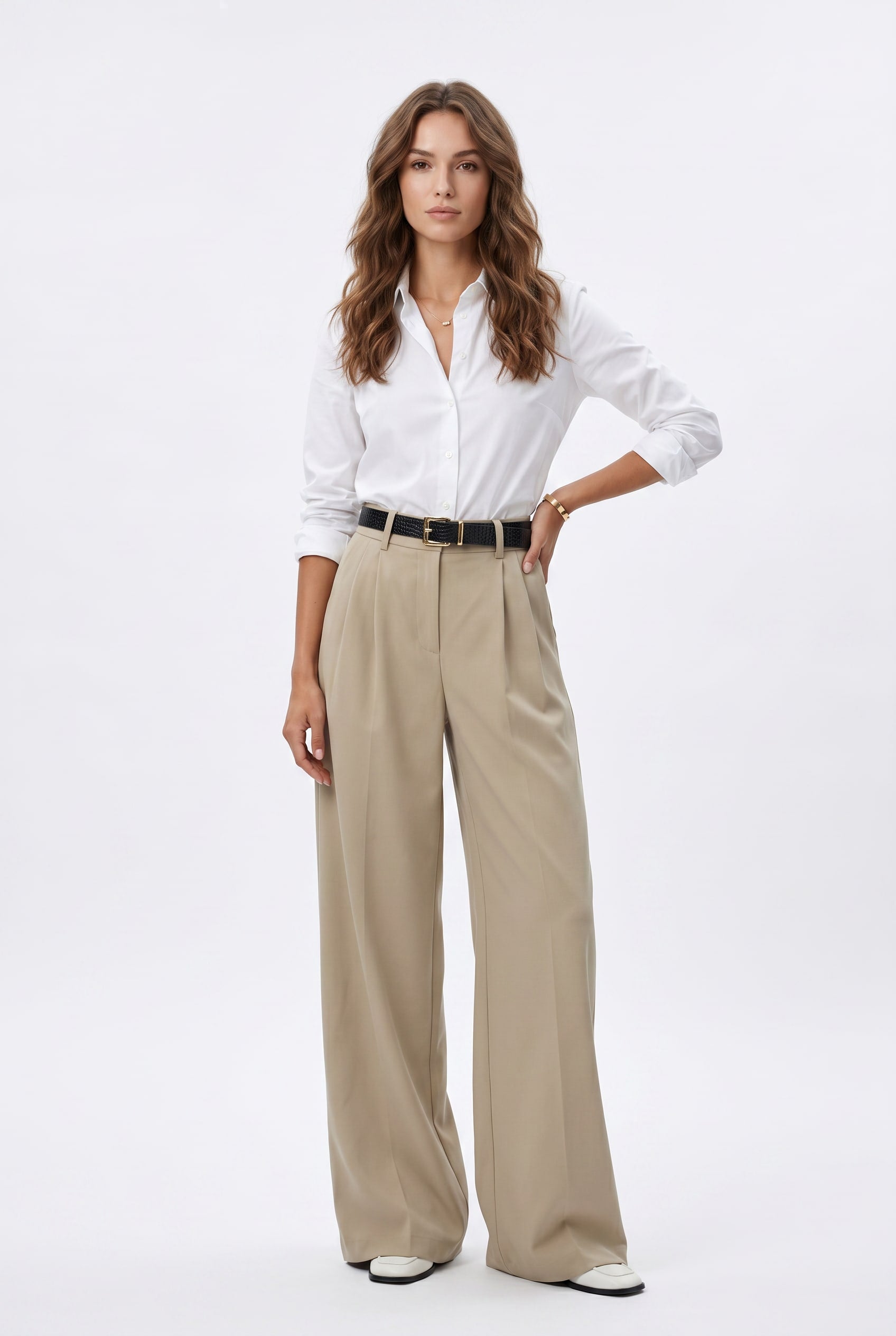 Beige High-Waisted Wide Leg Trousers