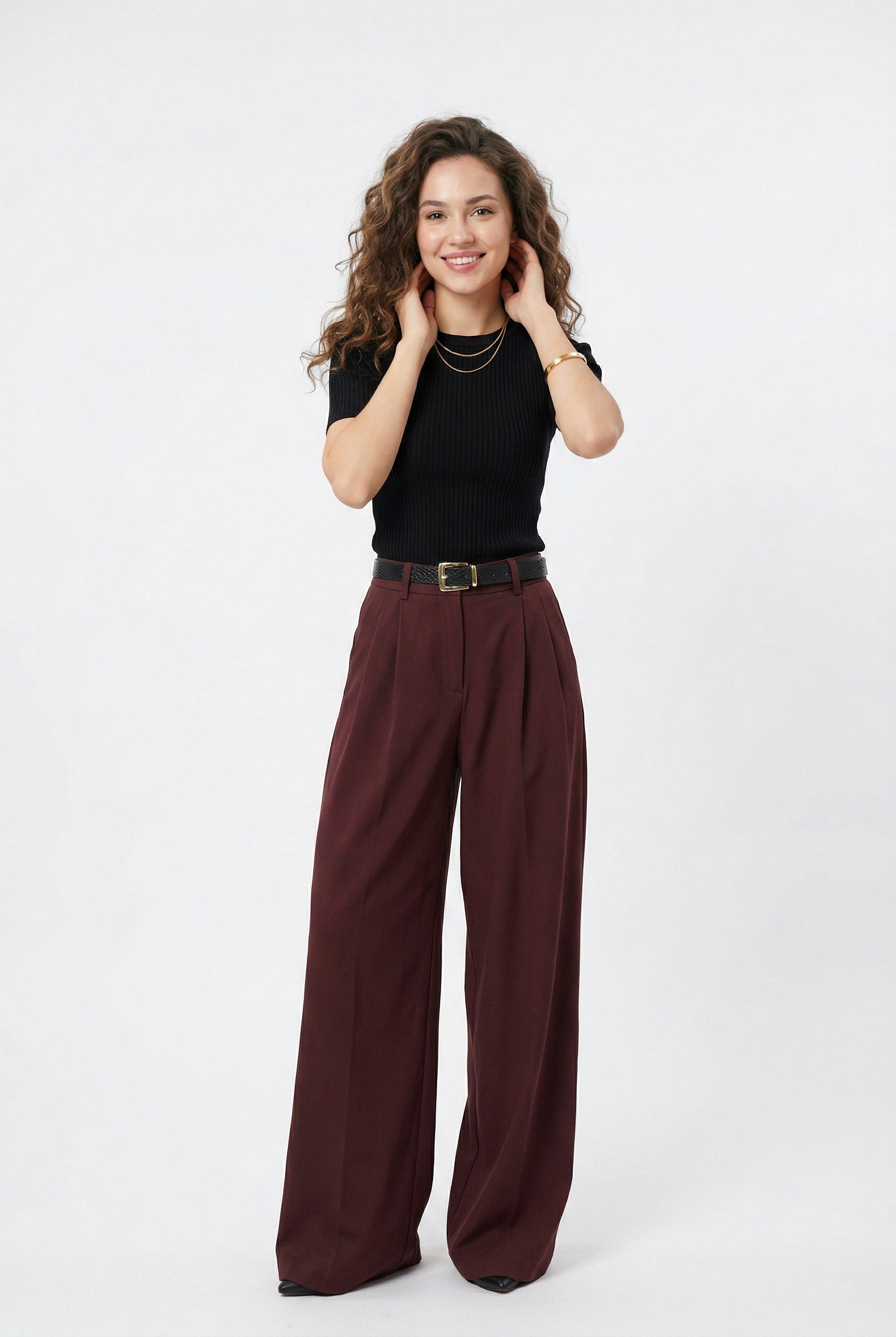 Burgundy Wide-Leg Pleated Trousers