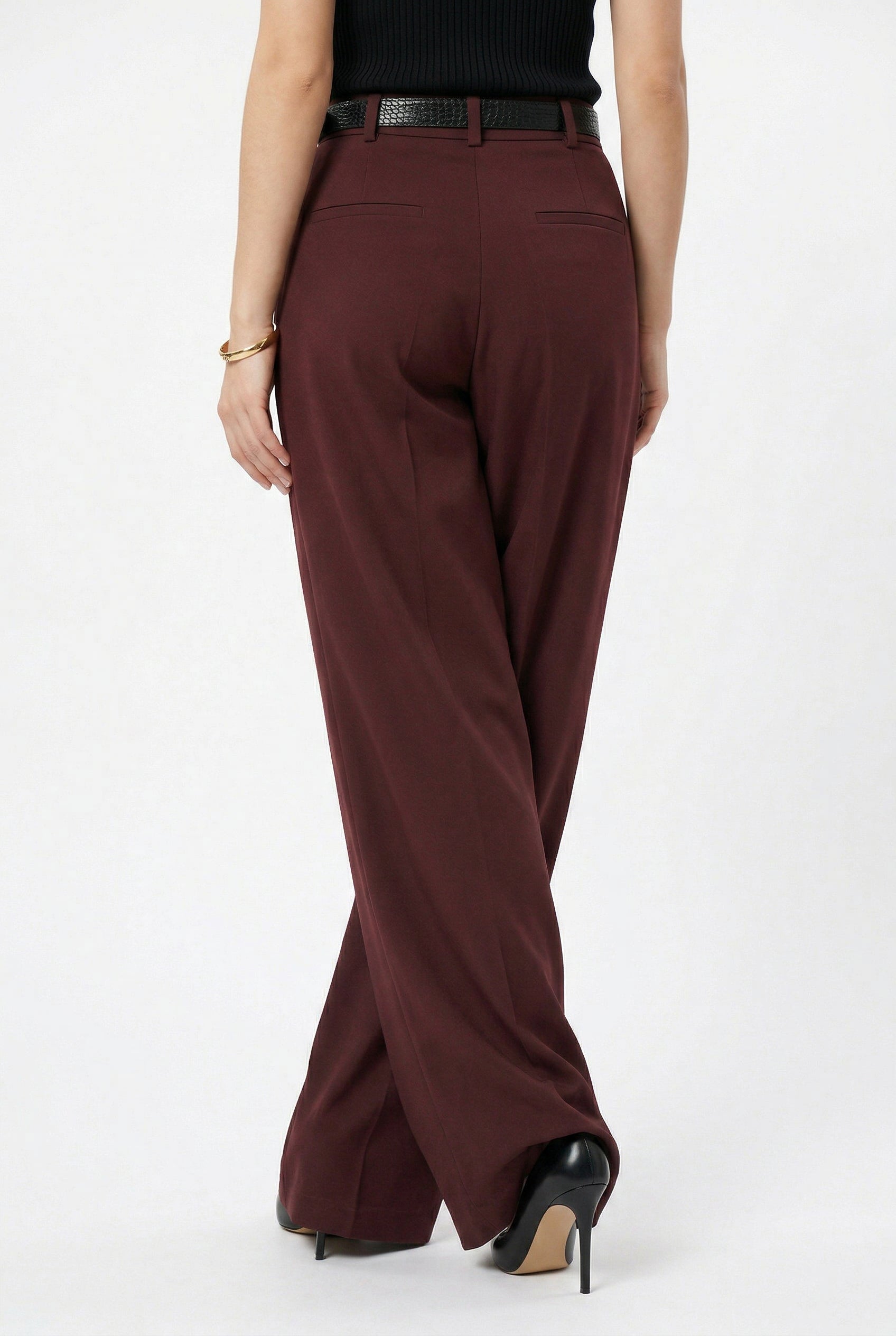 Burgundy Wide-Leg Pleated Trousers