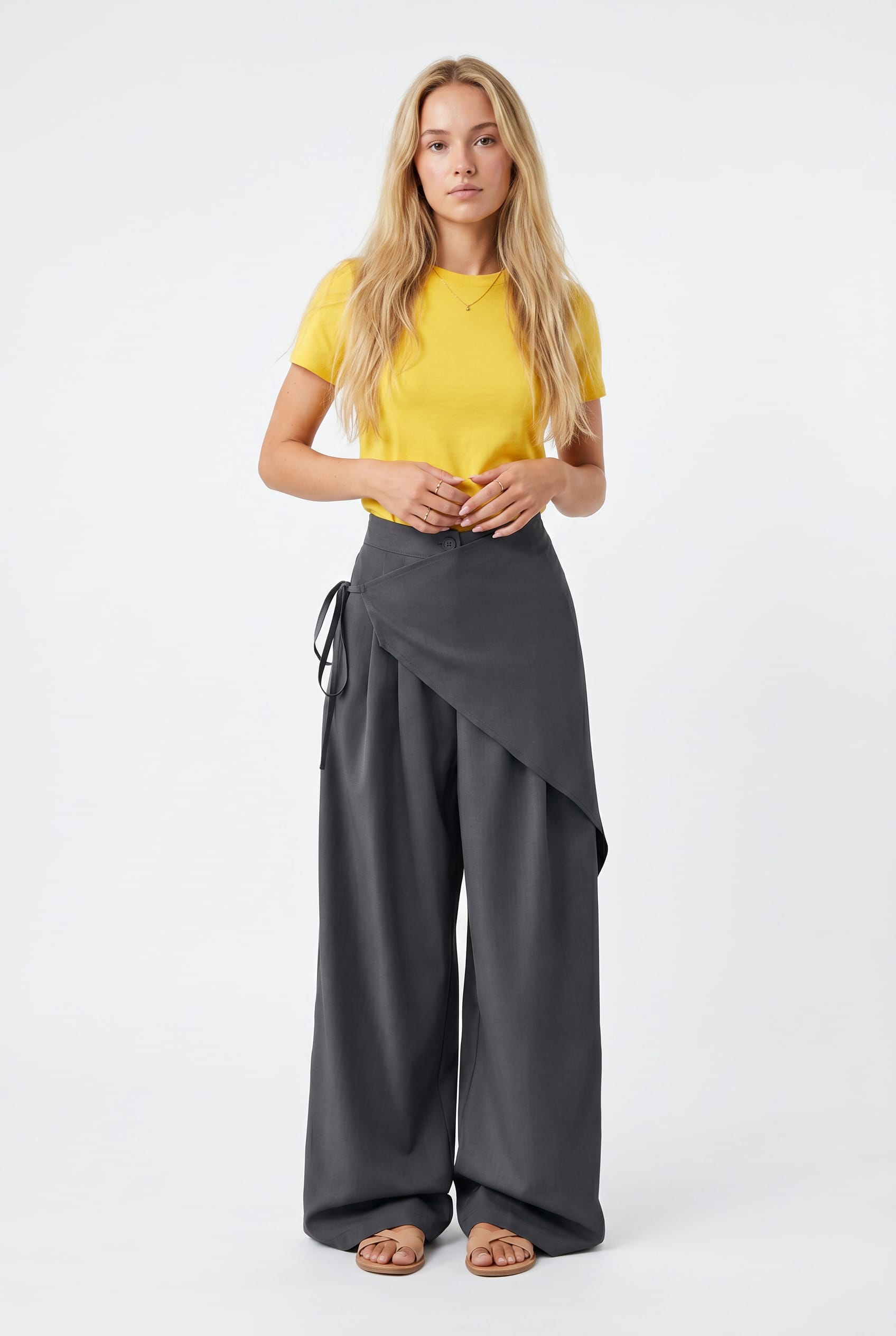 Charcoal Wide Leg Wrap Detail Trousers