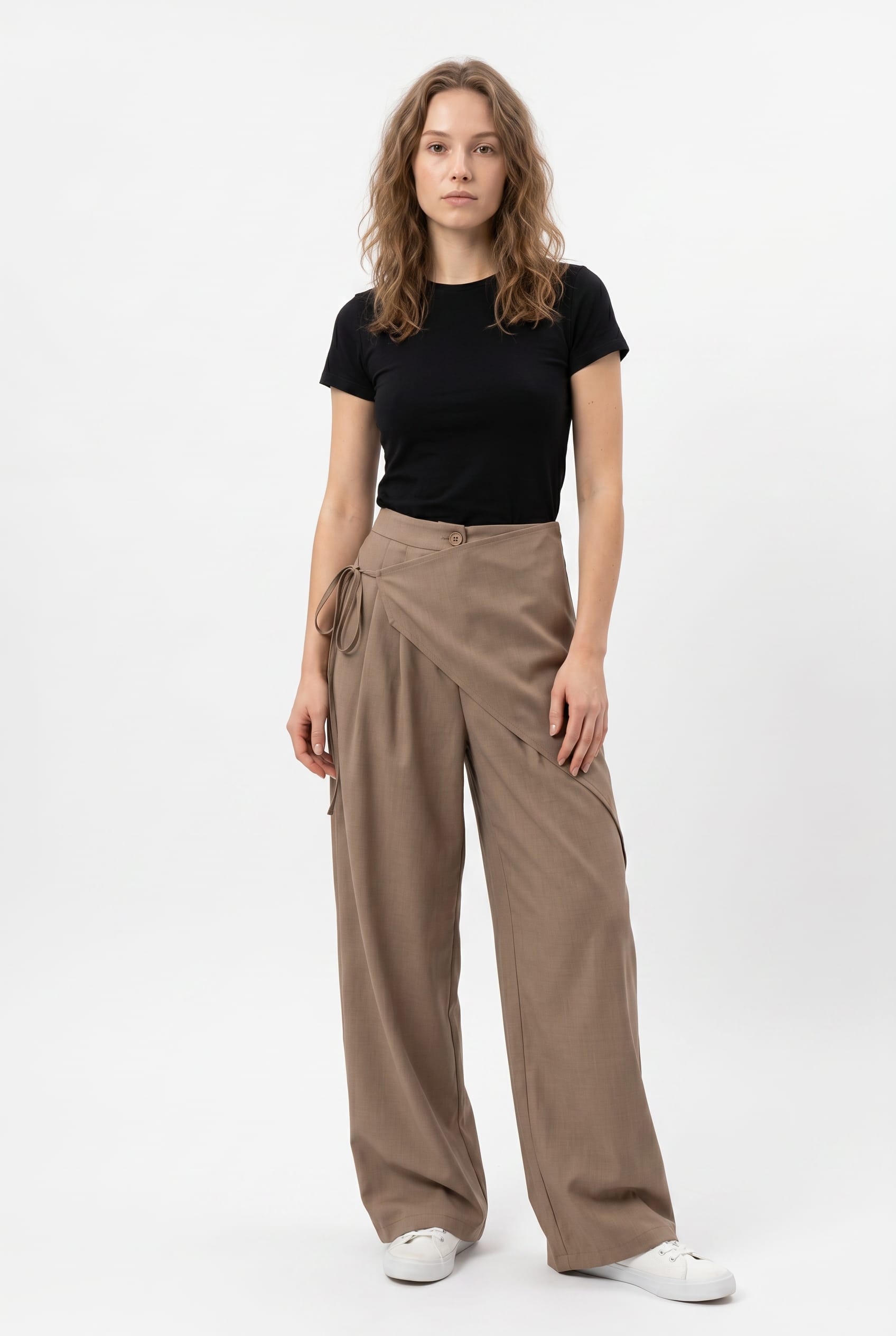 Taupe Wide-Leg Trousers with Wrap Detail