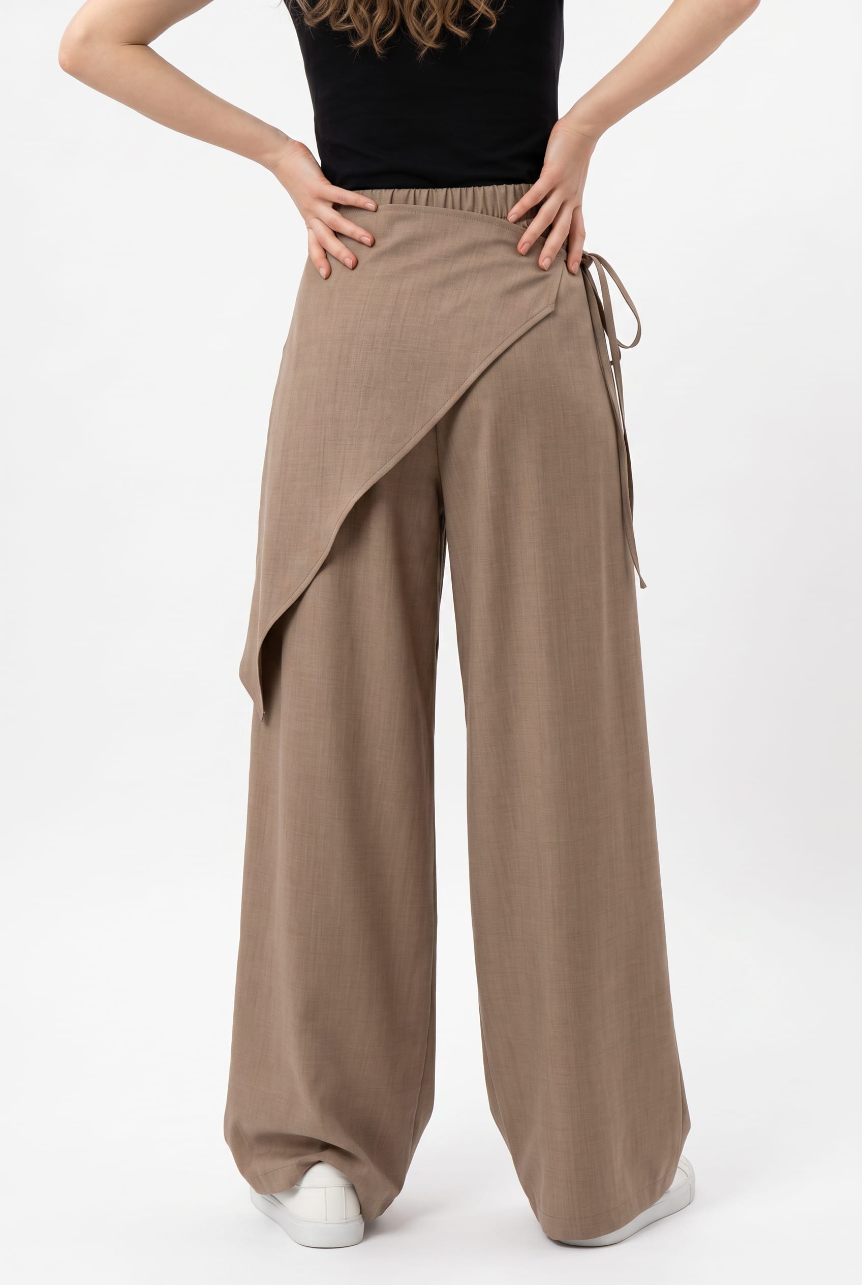 Taupe Wide-Leg Trousers with Wrap Detail
