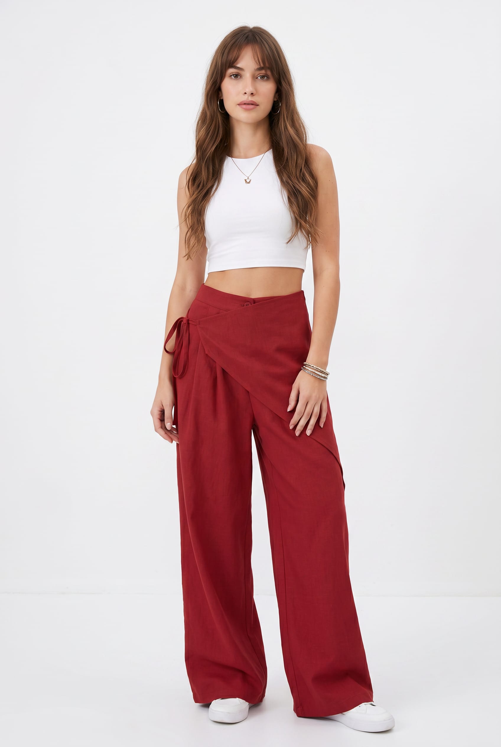 Crimson Red Wide Leg Wrap Trousers