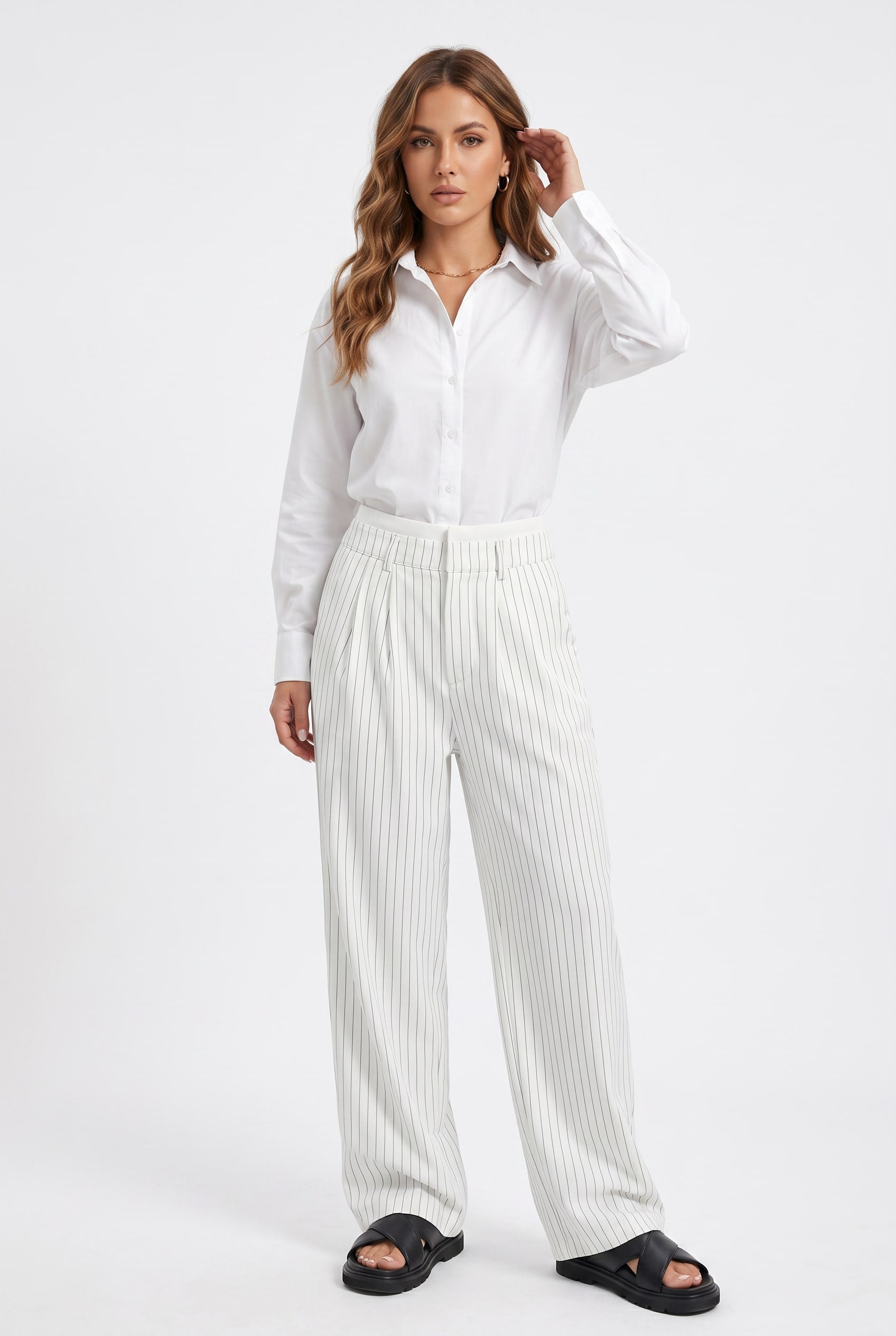White Pinstripe Wide Leg Tailored Trousers