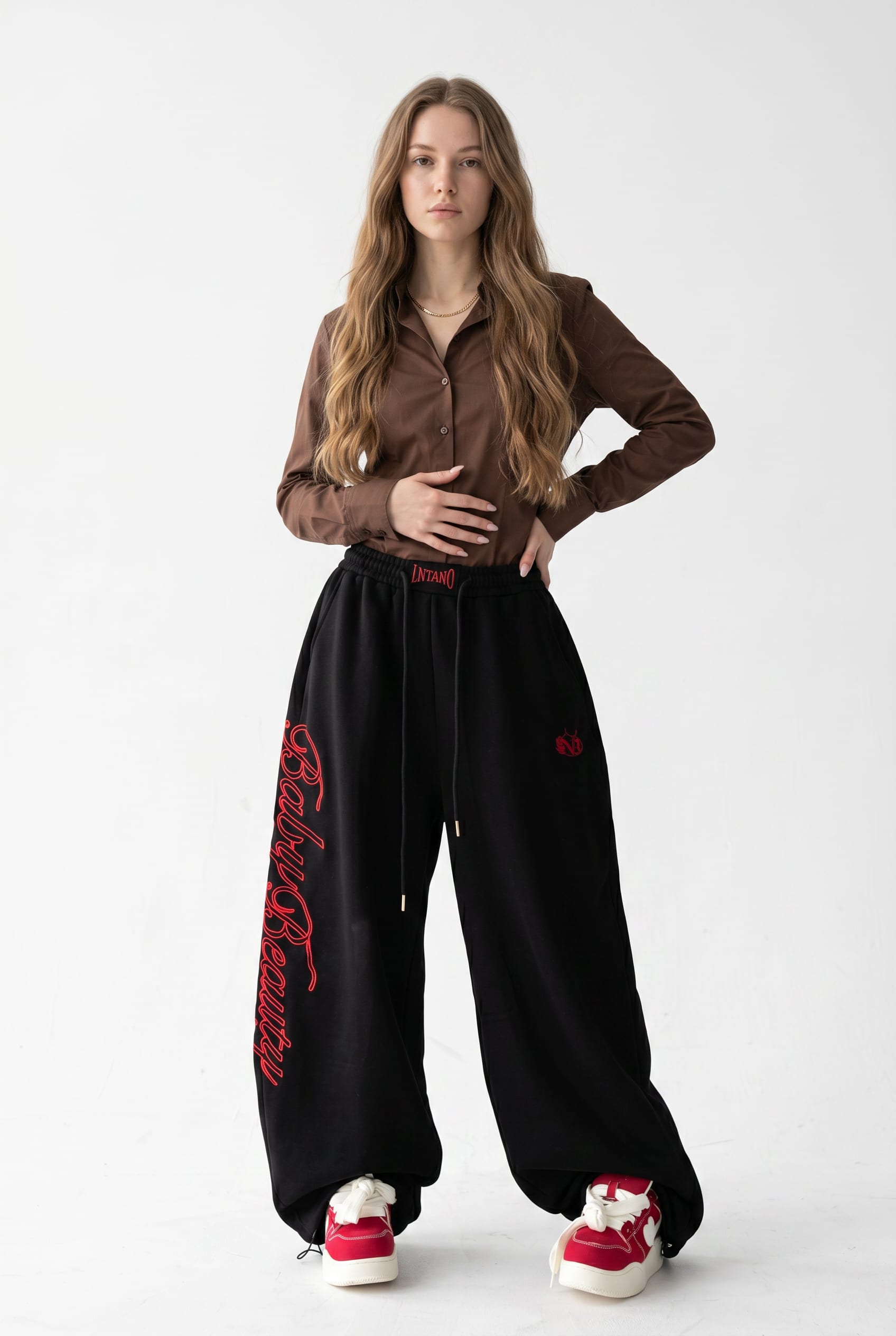 Black Wide Leg Script Embroidered Sweatpants
