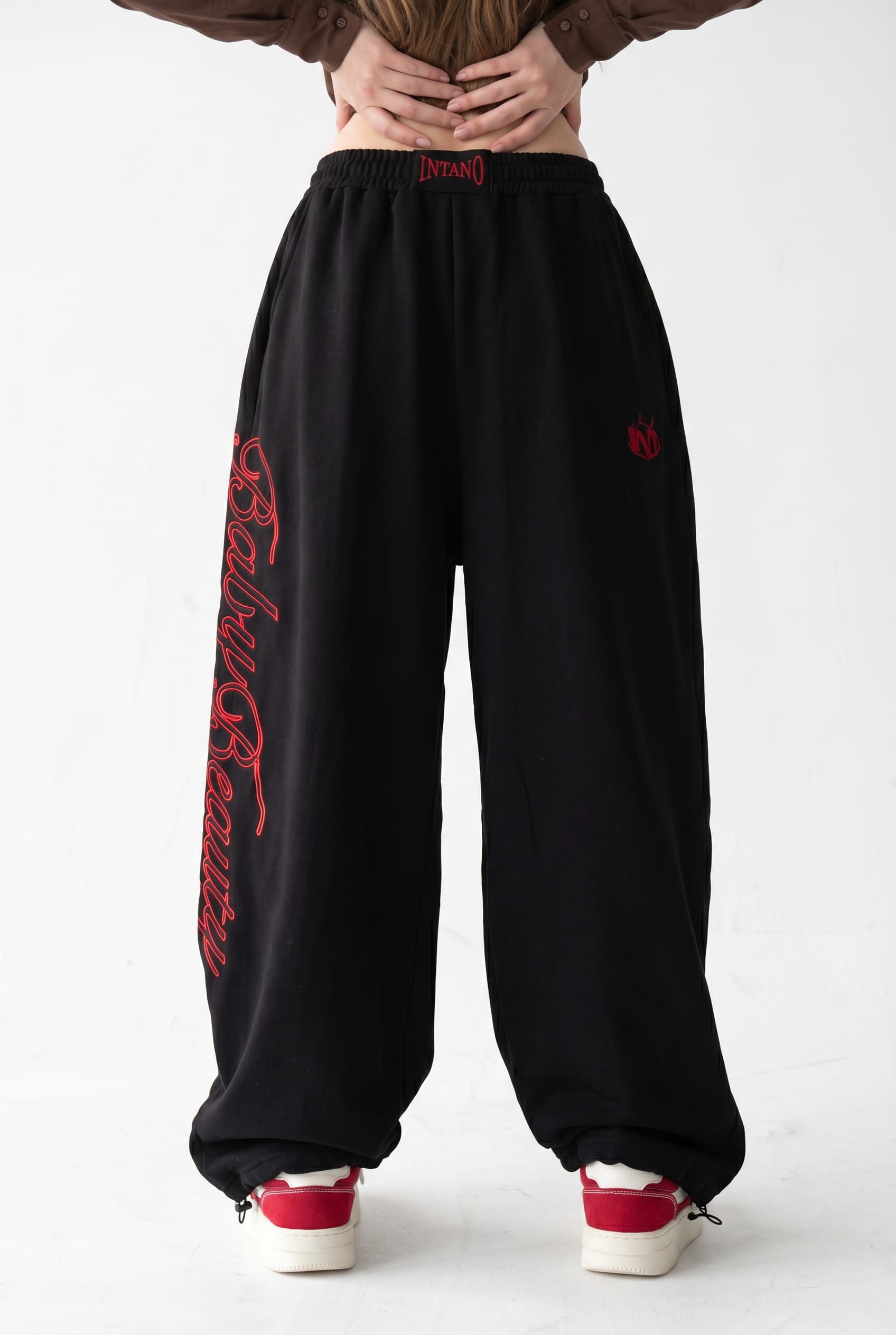 Black Wide Leg Script Embroidered Sweatpants