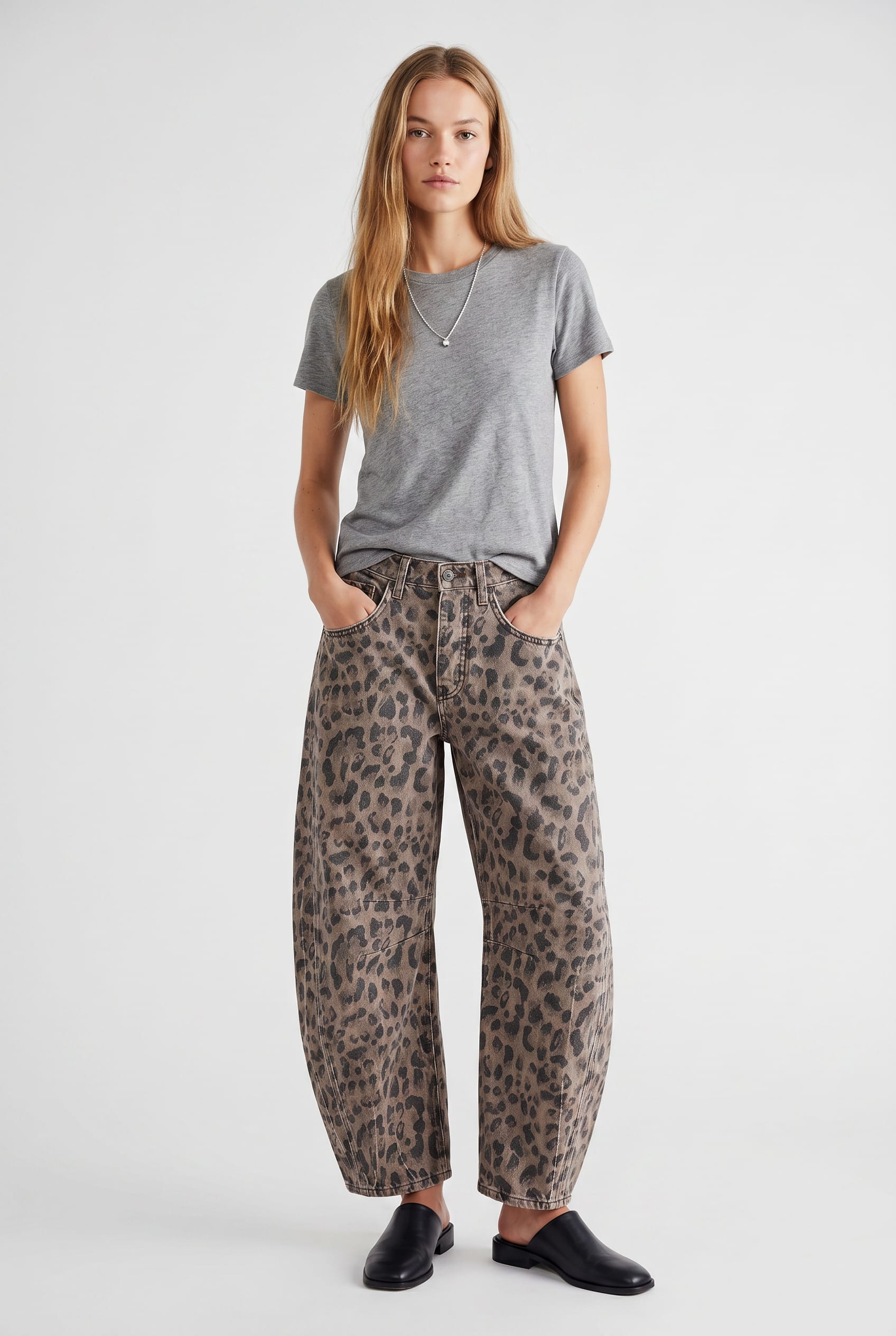 Leopard Print Denim Barrel Leg Trousers
