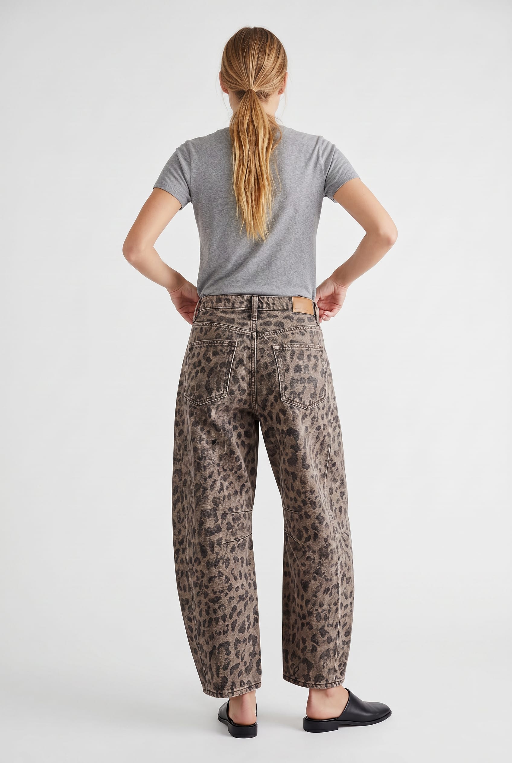 Leopard Print Denim Barrel Leg Trousers