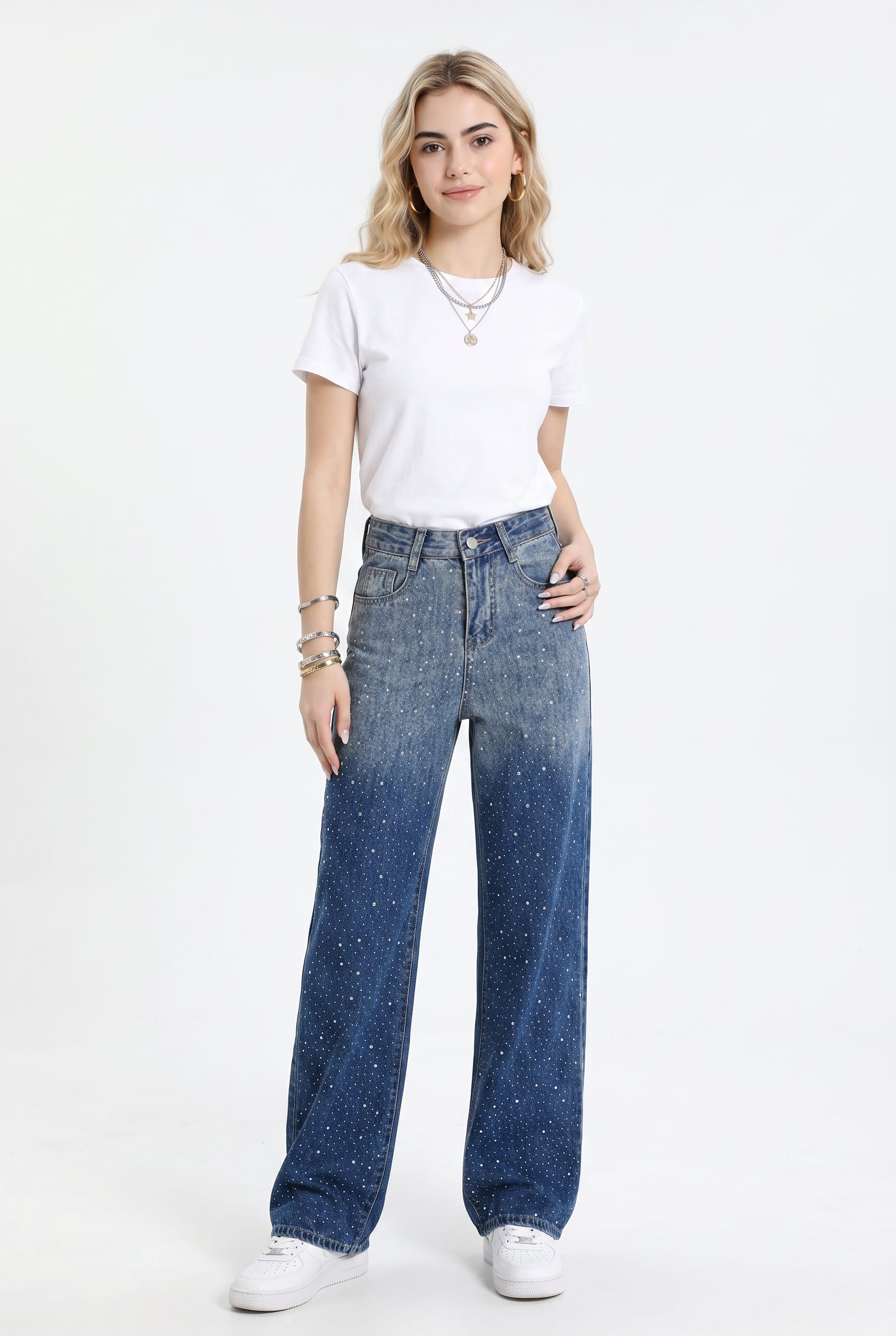 Blue Rhinestone Embellished Wide Leg Denim Jeans