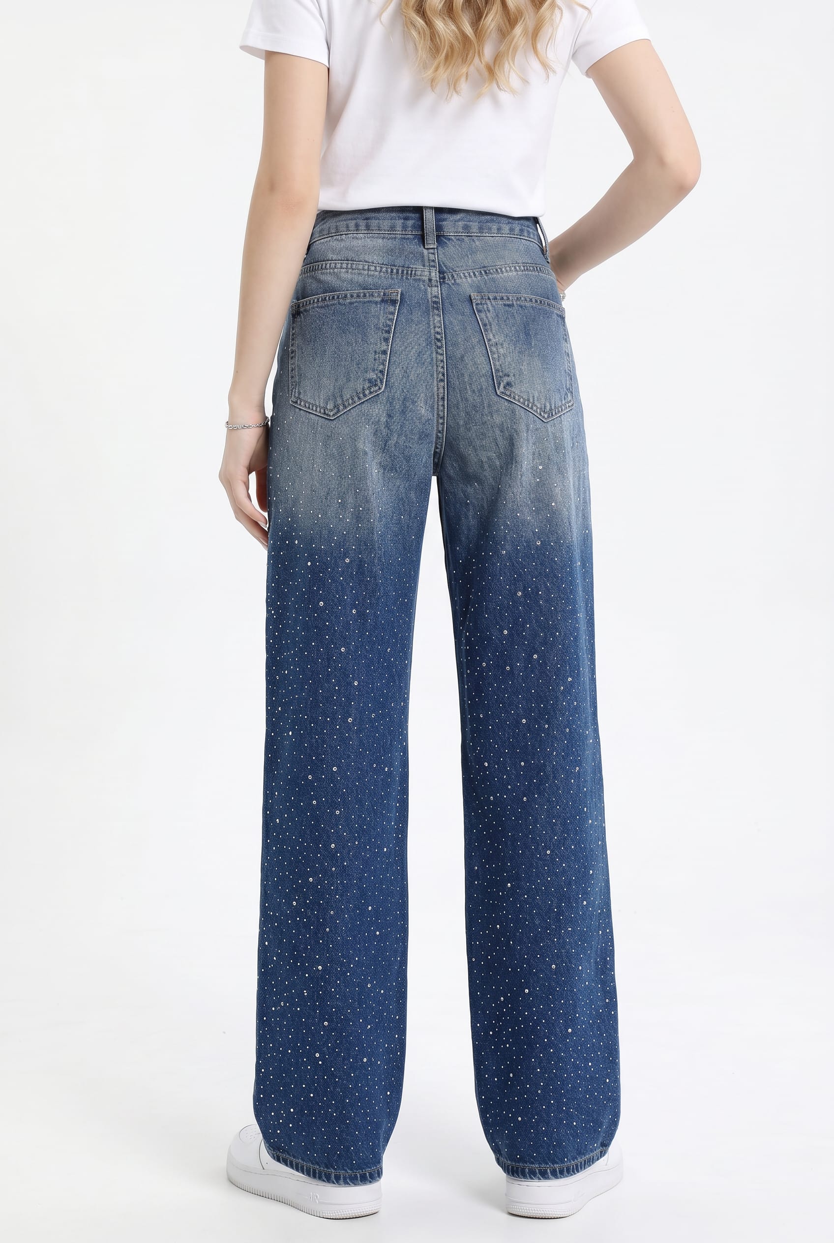 Blue Rhinestone Embellished Wide Leg Denim Jeans
