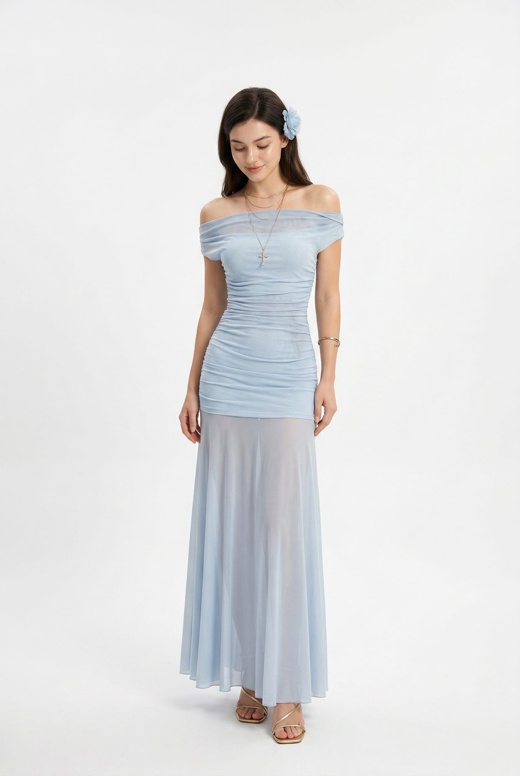 Ice Blue Mesh Ruched Maxi Dress