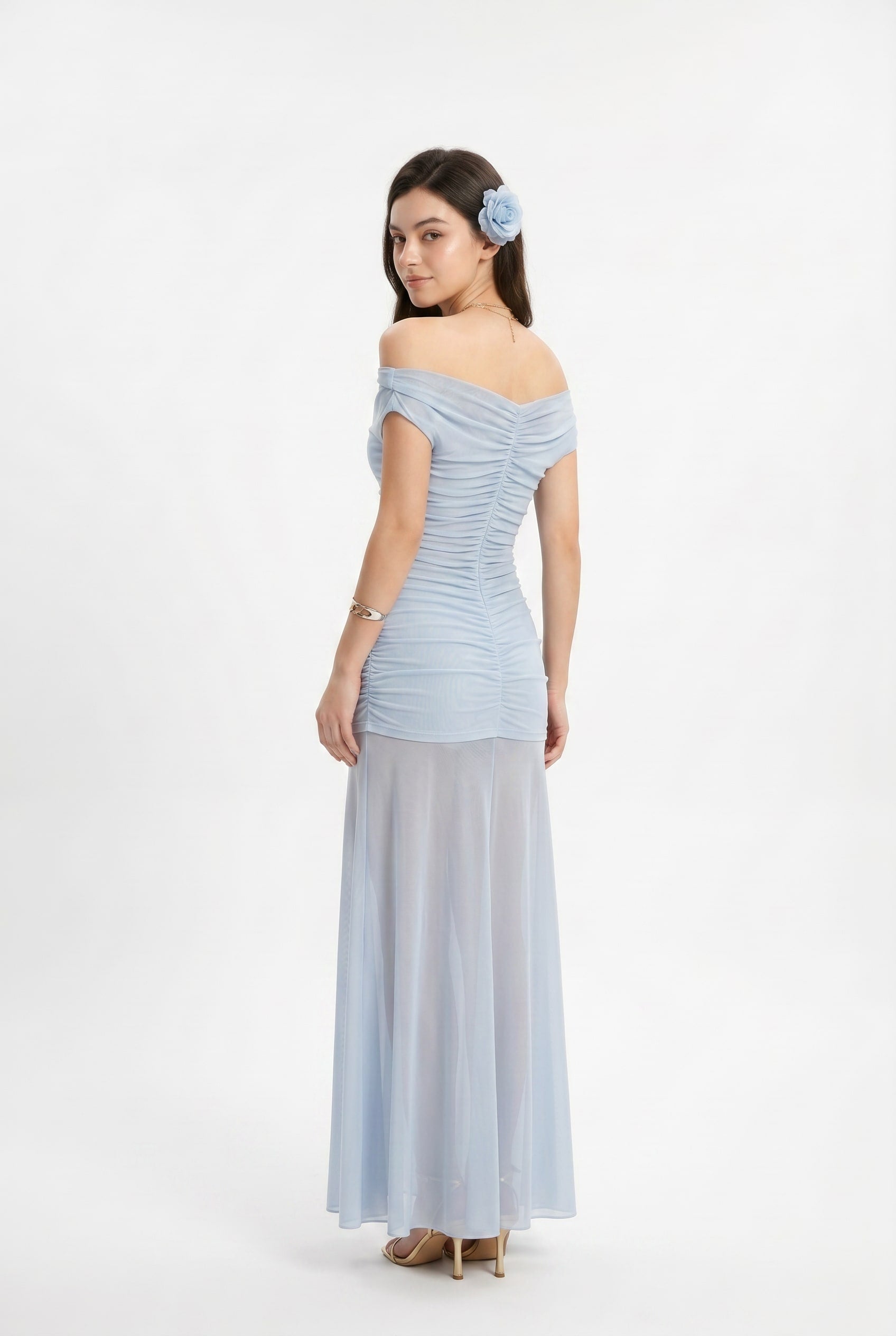Ice Blue Mesh Ruched Maxi Dress